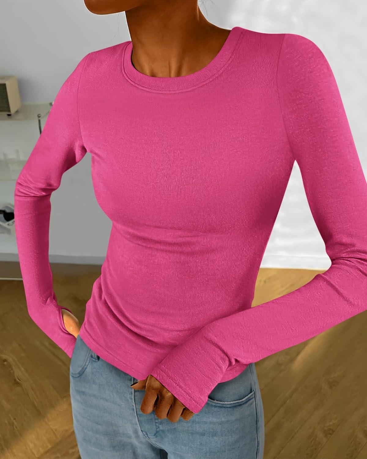 imageBTFBM Womens Tops 2026 Spring Outfits Long Sleeve Shirts Crewneck Work Blouses Stretchy Slim Fit Going Out Top WorkoutRose Red