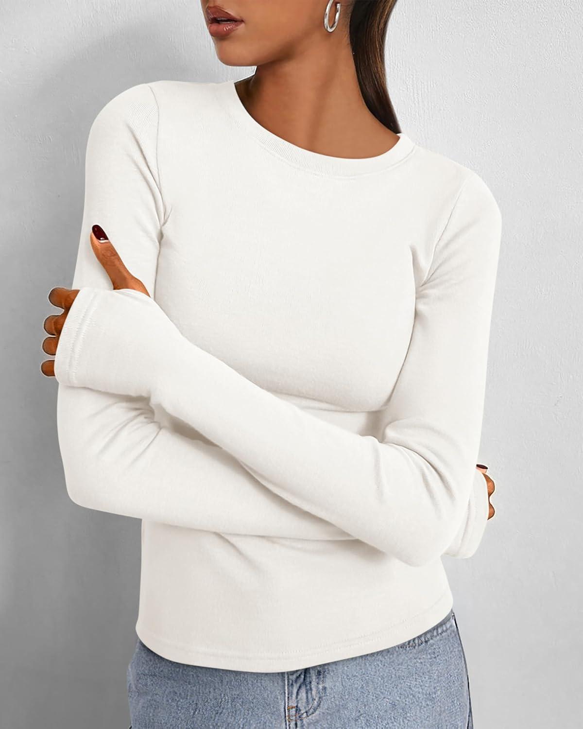 imageBTFBM Womens Tops 2026 Spring Outfits Long Sleeve Shirts Crewneck Work Blouses Stretchy Slim Fit Going Out Top WorkoutWhite