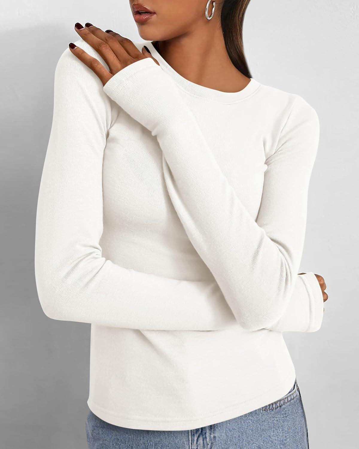 imageBTFBM Womens Tops 2026 Spring Outfits Long Sleeve Shirts Crewneck Work Blouses Stretchy Slim Fit Going Out Top WorkoutWhite