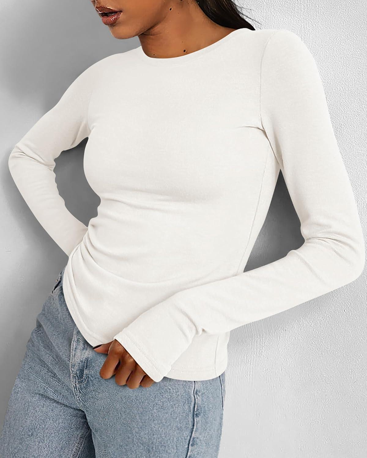 imageBTFBM Womens Tops 2026 Spring Outfits Long Sleeve Shirts Crewneck Work Blouses Stretchy Slim Fit Going Out Top WorkoutWhite