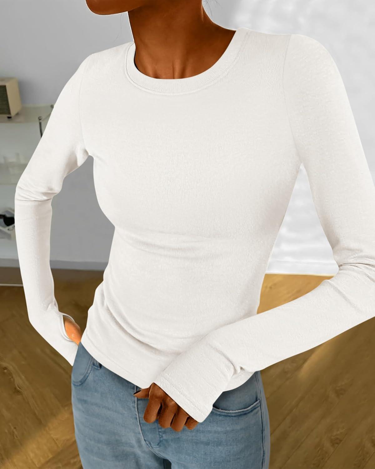 imageBTFBM Womens Tops 2026 Spring Outfits Long Sleeve Shirts Crewneck Work Blouses Stretchy Slim Fit Going Out Top WorkoutWhite