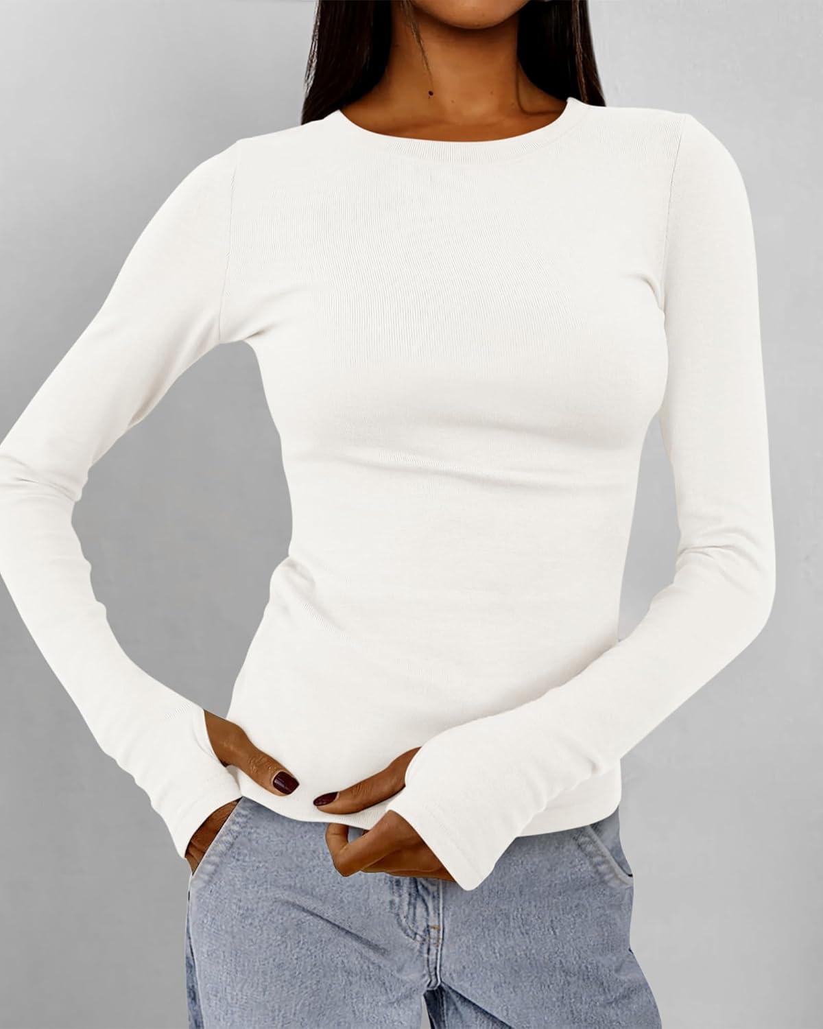 imageBTFBM Womens Tops 2026 Spring Outfits Long Sleeve Shirts Crewneck Work Blouses Stretchy Slim Fit Going Out Top WorkoutWhite