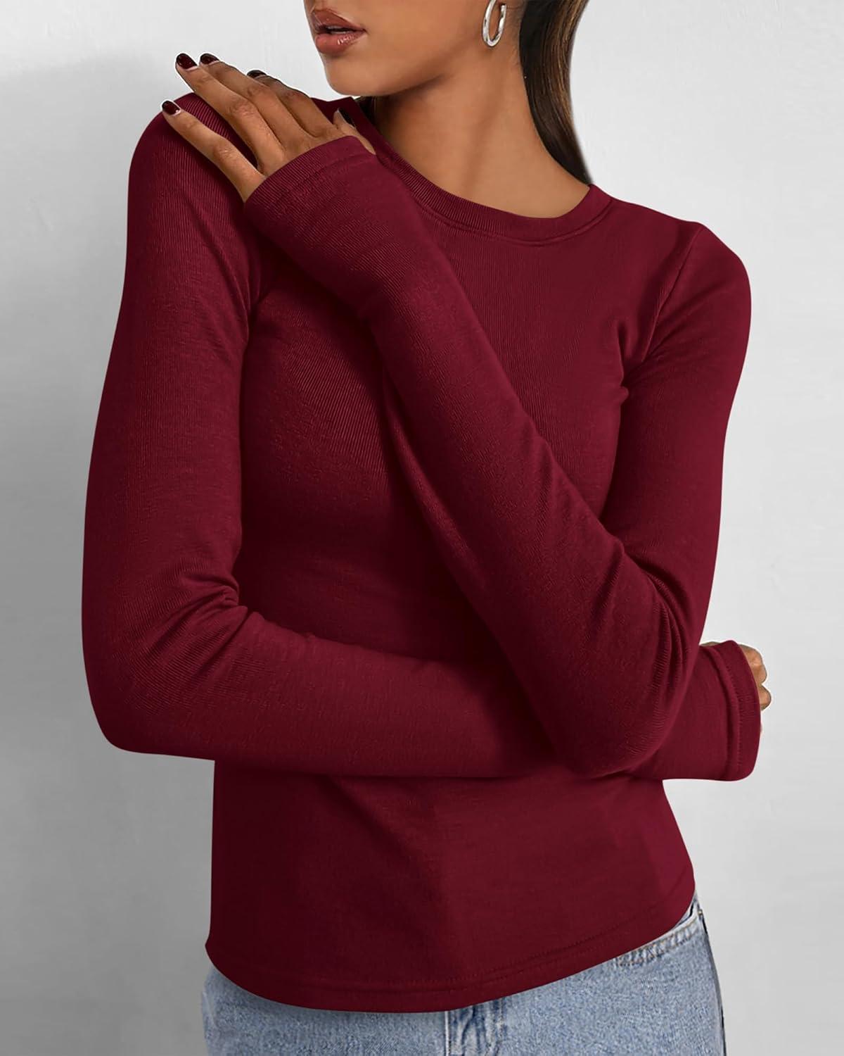 imageBTFBM Womens Tops 2026 Spring Outfits Long Sleeve Shirts Crewneck Work Blouses Stretchy Slim Fit Going Out Top WorkoutWine Red