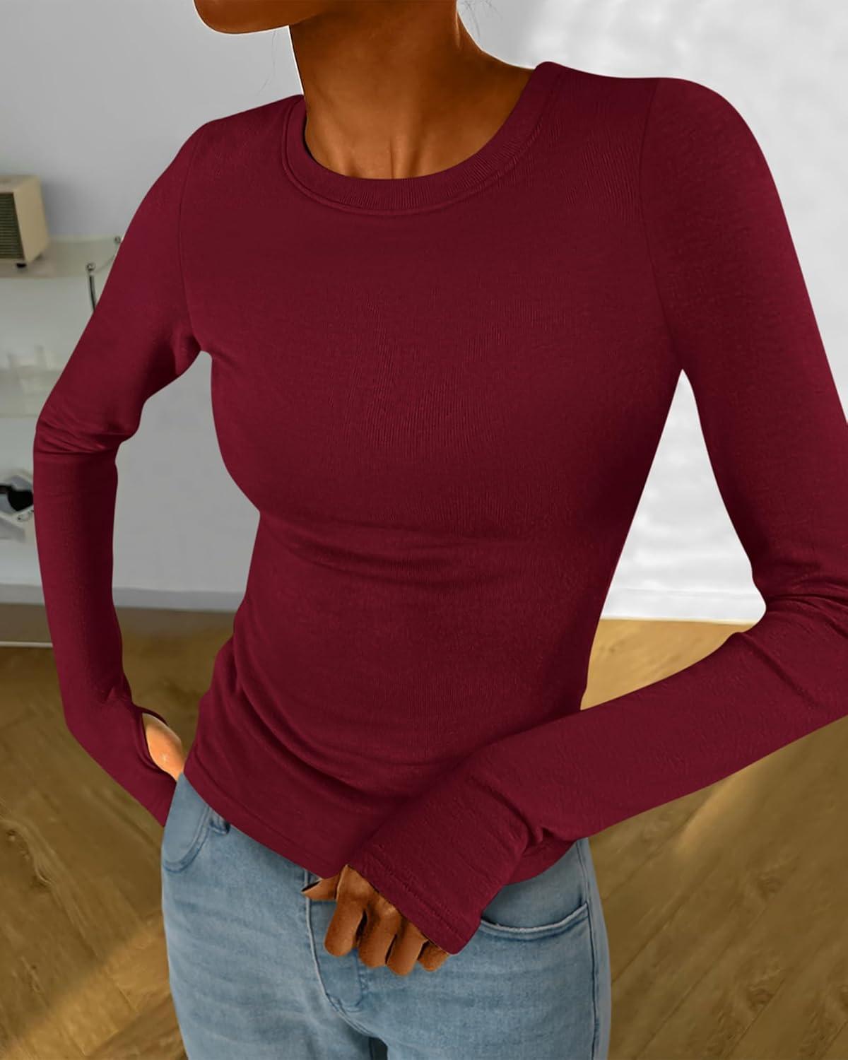 imageBTFBM Womens Tops 2026 Spring Outfits Long Sleeve Shirts Crewneck Work Blouses Stretchy Slim Fit Going Out Top WorkoutWine Red