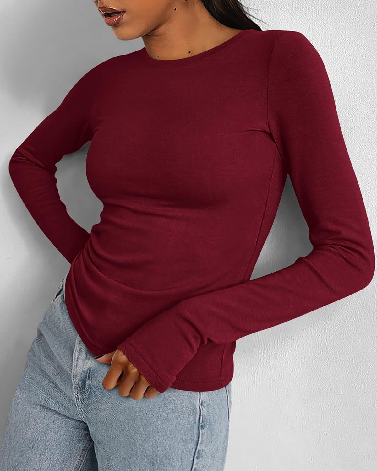 imageBTFBM Womens Tops 2026 Spring Outfits Long Sleeve Shirts Crewneck Work Blouses Stretchy Slim Fit Going Out Top WorkoutWine Red