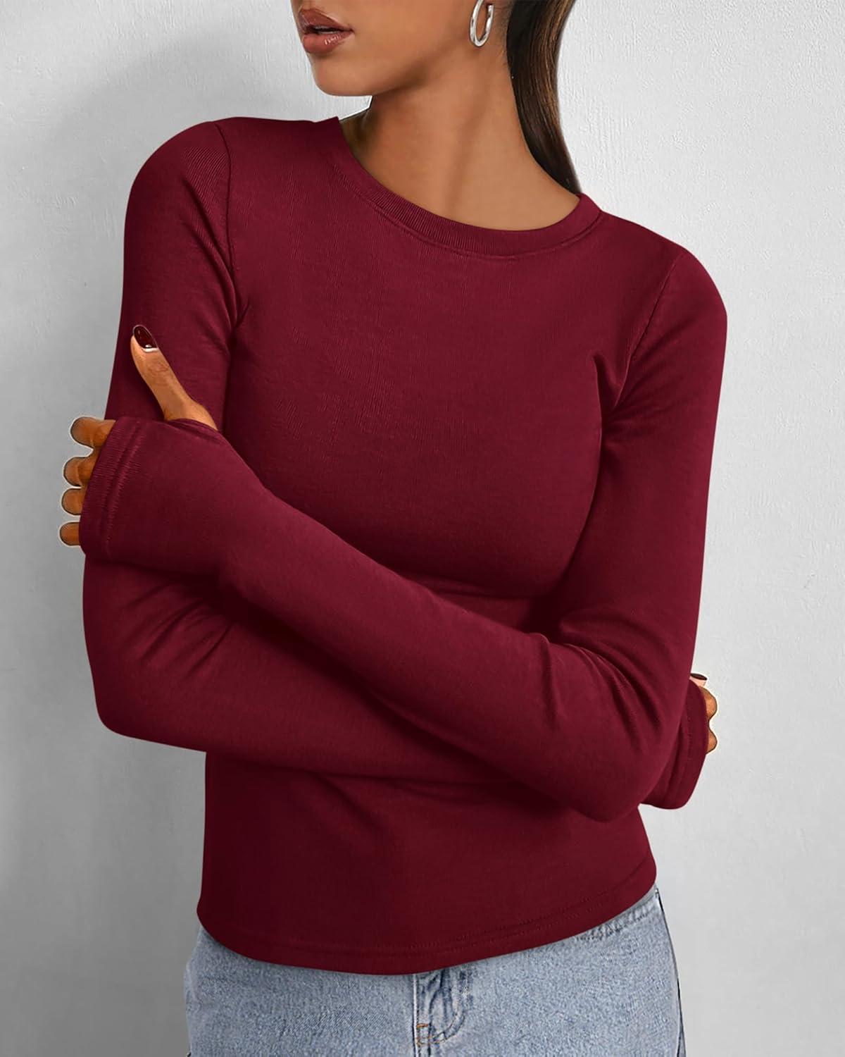 imageBTFBM Womens Tops 2026 Spring Outfits Long Sleeve Shirts Crewneck Work Blouses Stretchy Slim Fit Going Out Top WorkoutWine Red