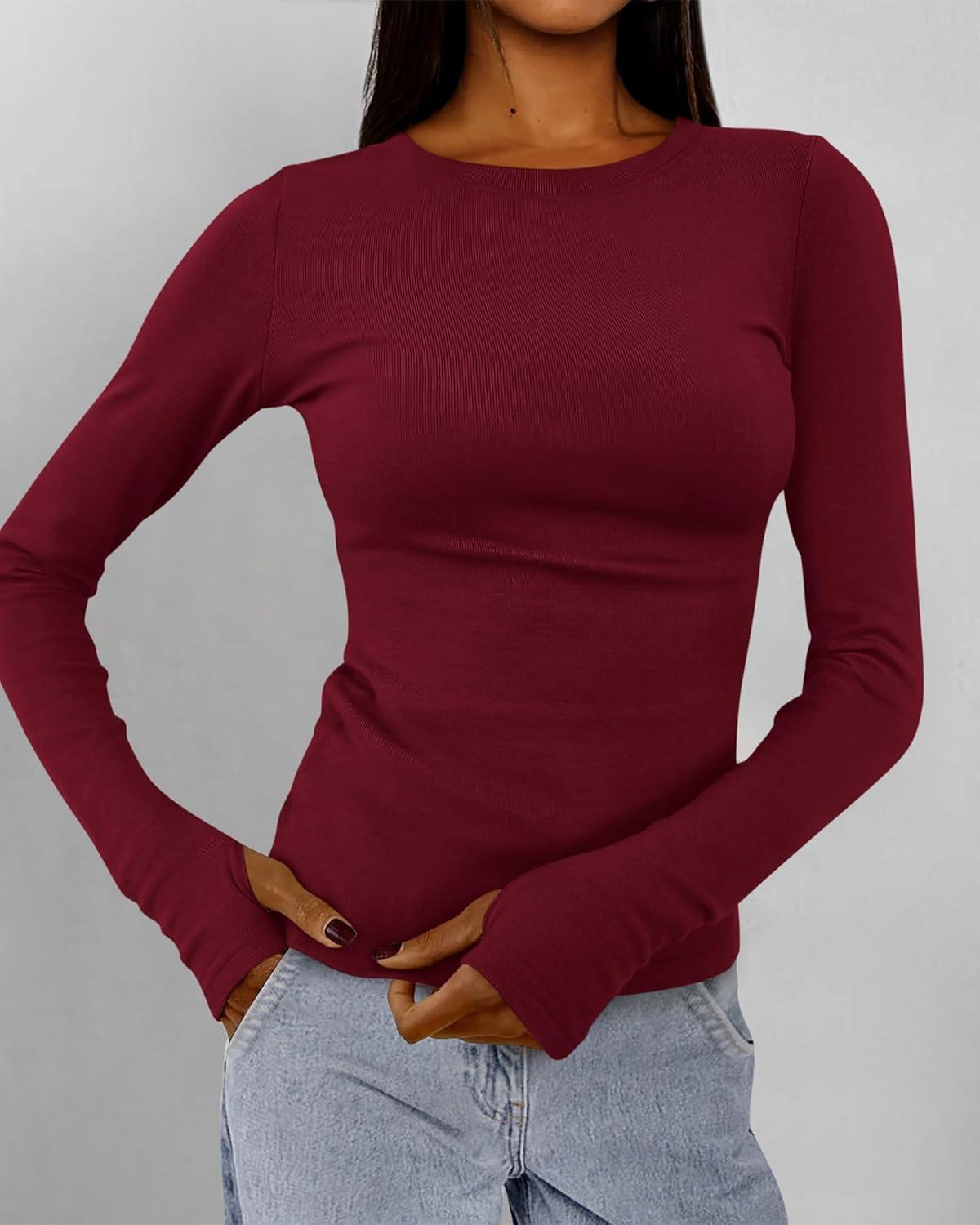 imageBTFBM Womens Tops 2026 Spring Outfits Long Sleeve Shirts Crewneck Work Blouses Stretchy Slim Fit Going Out Top WorkoutWine Red