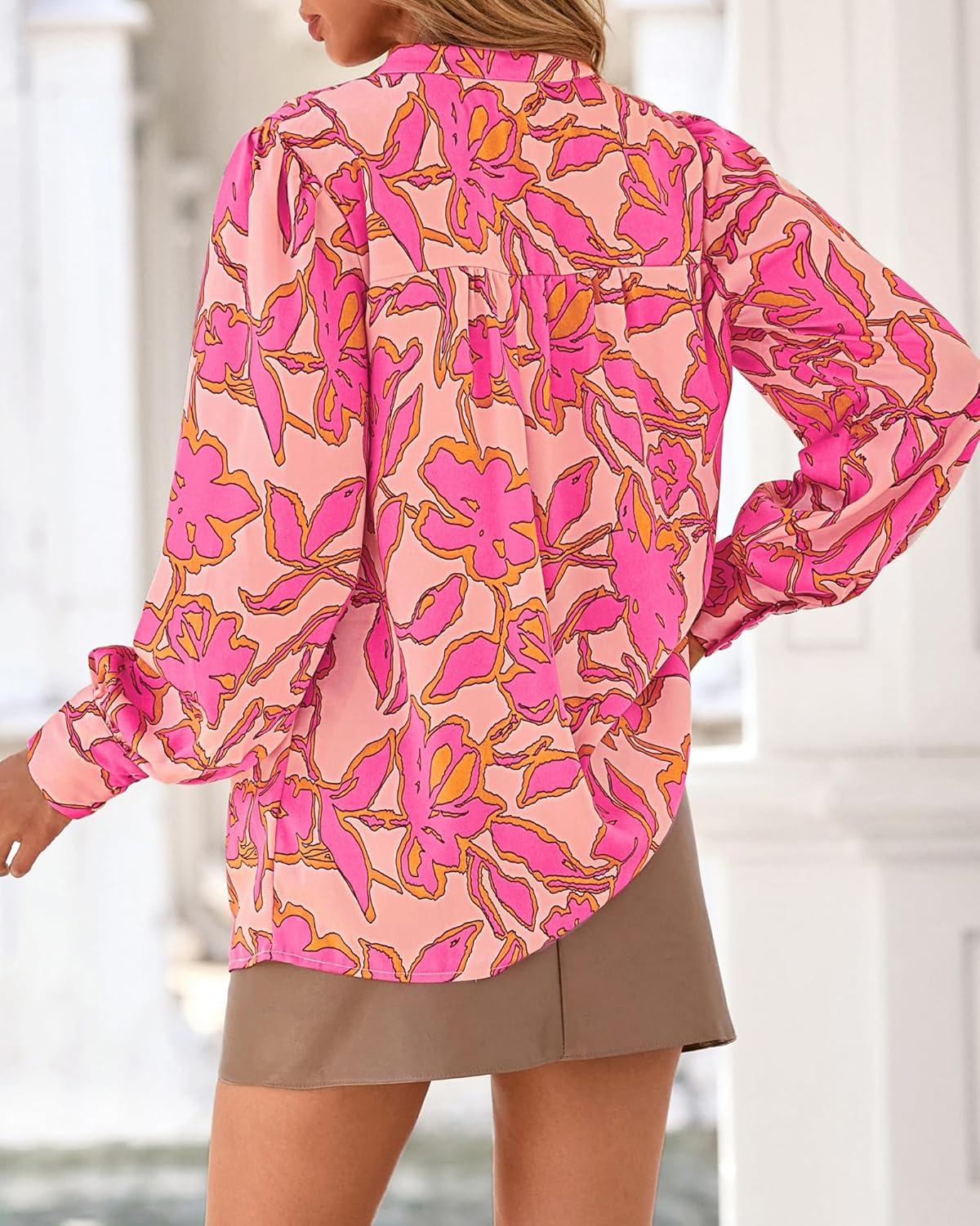 imageBTFBM Womens Tops Dressy Casual Spring 2026 Boho Floral V Neck Long Sleeve Half Button Down Shirt Work Business BlousesBig Floral Red