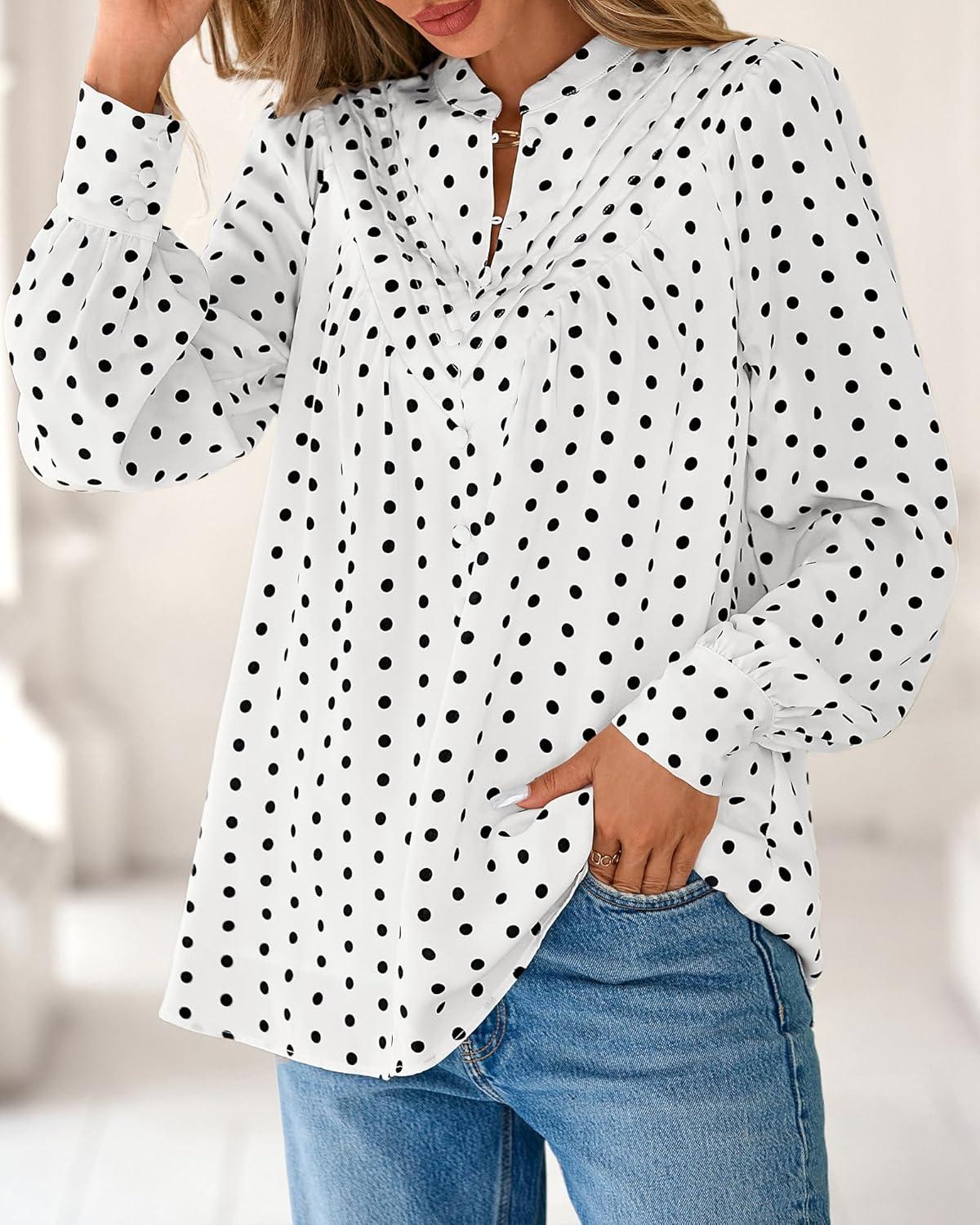 imageBTFBM Womens Tops Dressy Casual Spring 2026 Boho Floral V Neck Long Sleeve Half Button Down Shirt Work Business BlousesDot White Black