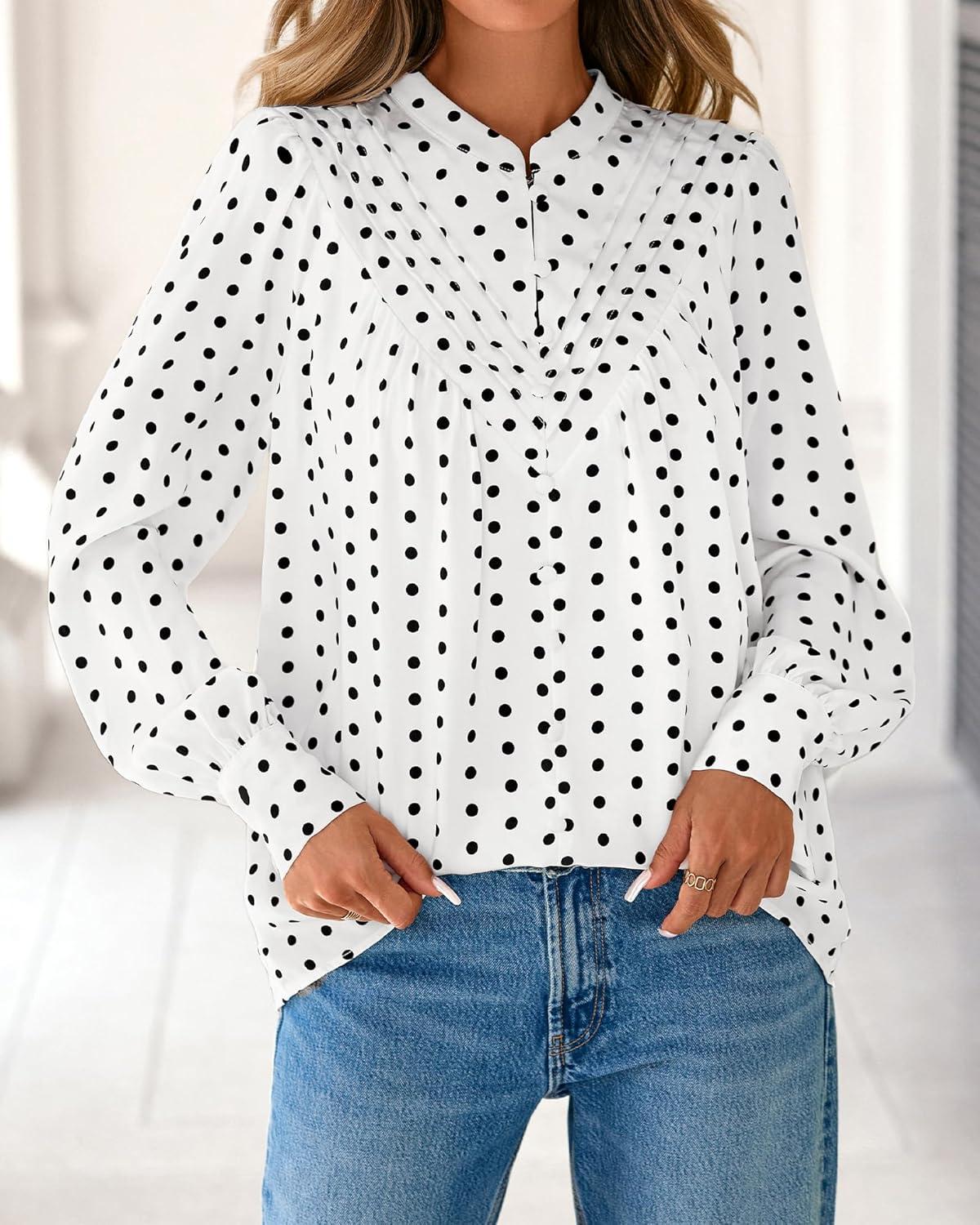 imageBTFBM Womens Tops Dressy Casual Spring 2026 Boho Floral V Neck Long Sleeve Half Button Down Shirt Work Business BlousesDot White Black