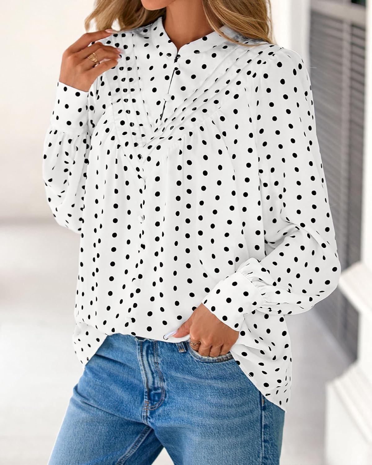 imageBTFBM Womens Tops Dressy Casual Spring 2026 Boho Floral V Neck Long Sleeve Half Button Down Shirt Work Business BlousesDot White Black