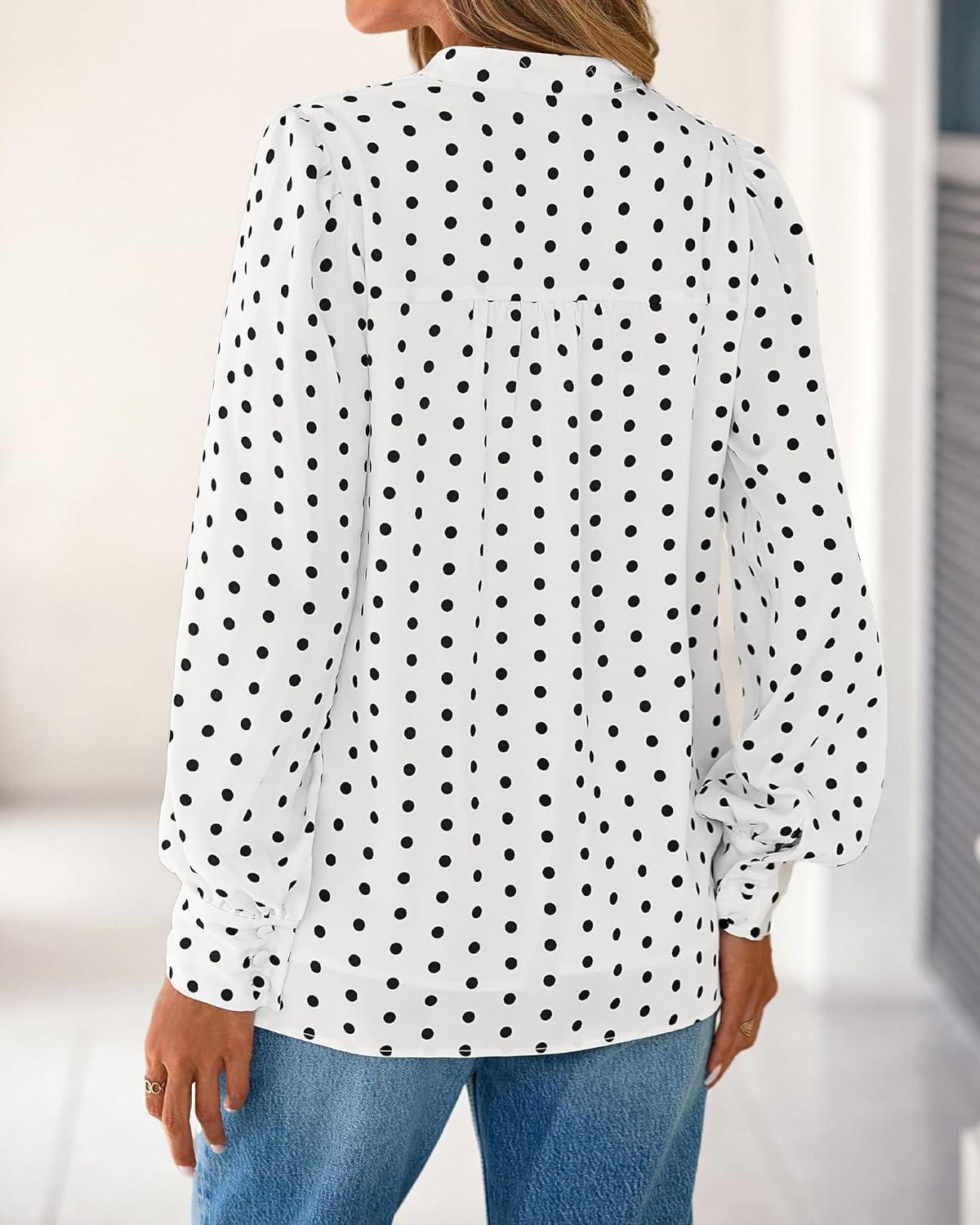imageBTFBM Womens Tops Dressy Casual Spring 2026 Boho Floral V Neck Long Sleeve Half Button Down Shirt Work Business BlousesDot White Black
