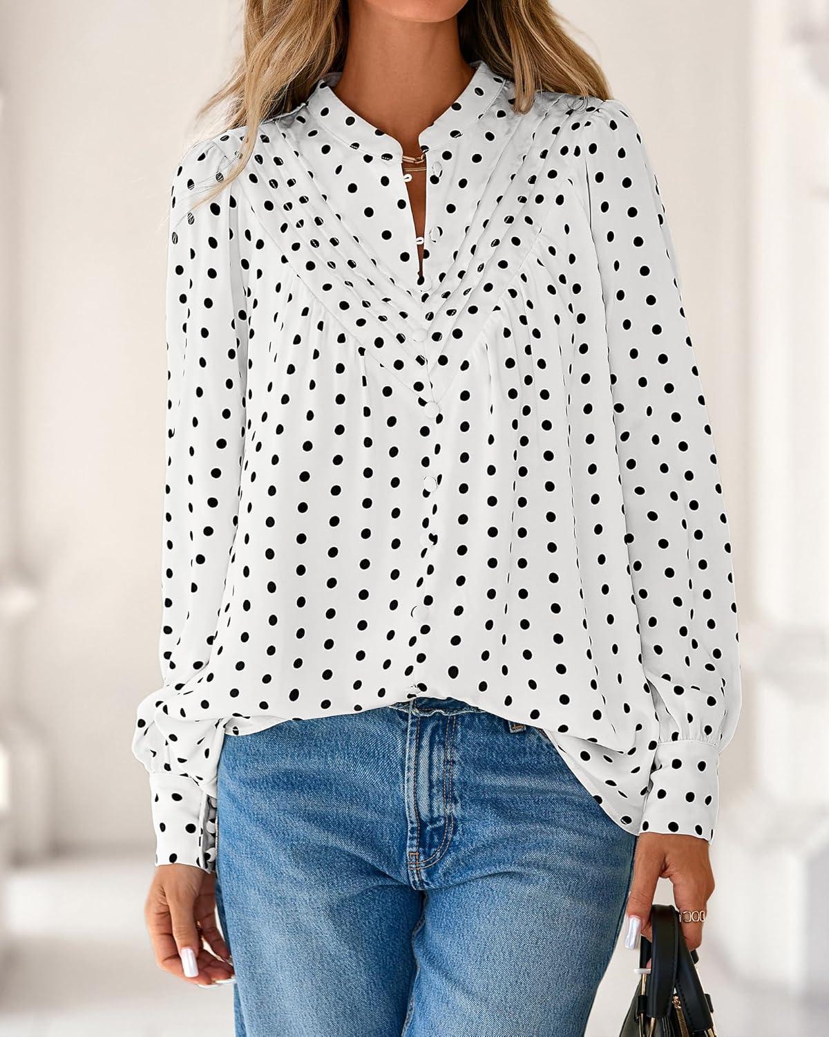 imageBTFBM Womens Tops Dressy Casual Spring 2026 Boho Floral V Neck Long Sleeve Half Button Down Shirt Work Business BlousesDot White Black