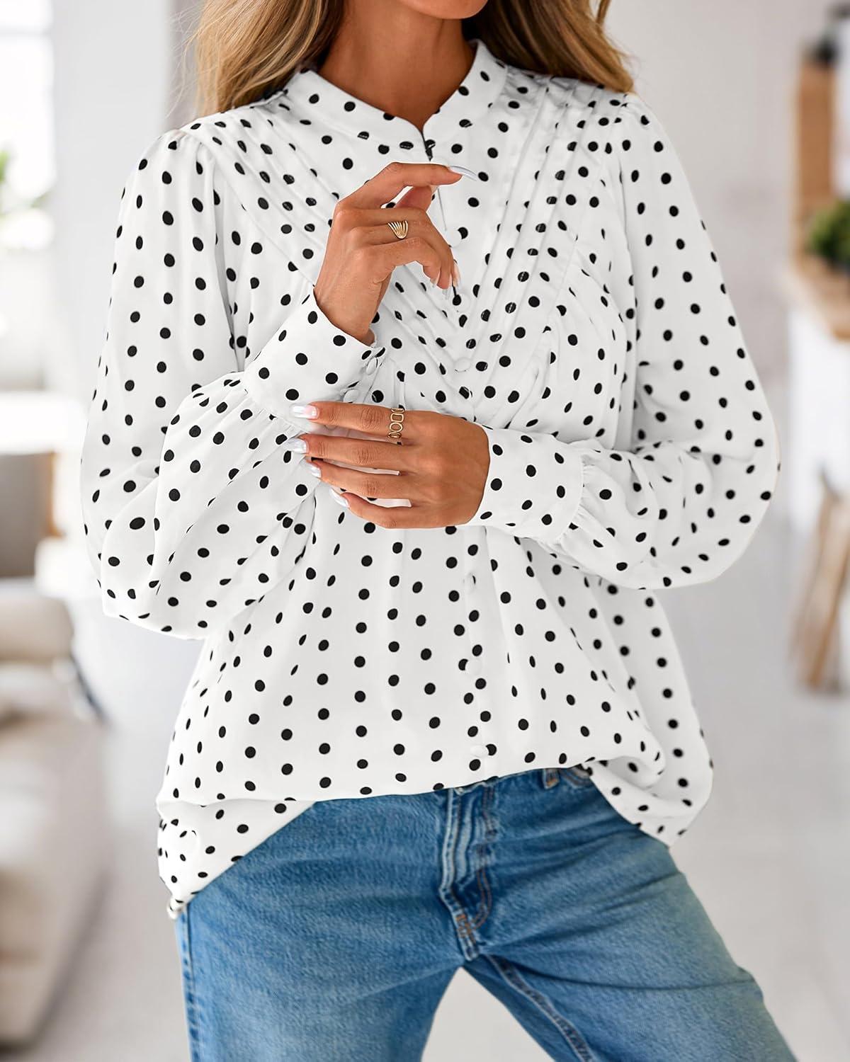 imageBTFBM Womens Tops Dressy Casual Spring 2026 Boho Floral V Neck Long Sleeve Half Button Down Shirt Work Business BlousesDot White Black