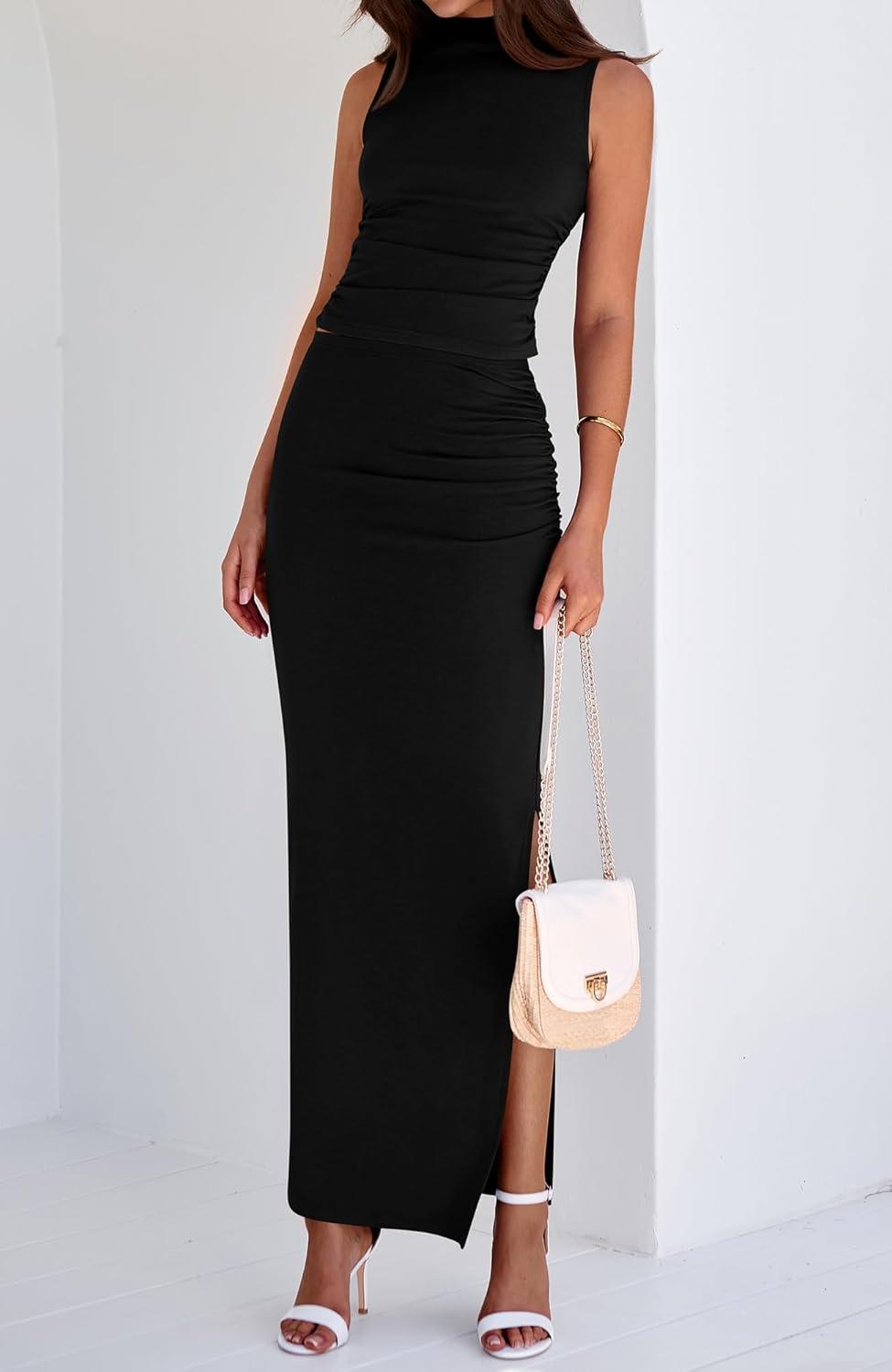 imageBTFBM Womens Two Piece Outfits Summer Lightweight 2026 Mock Neck Sleeveless Knit Tops Maxi Skirt Set Going Out DressBlack