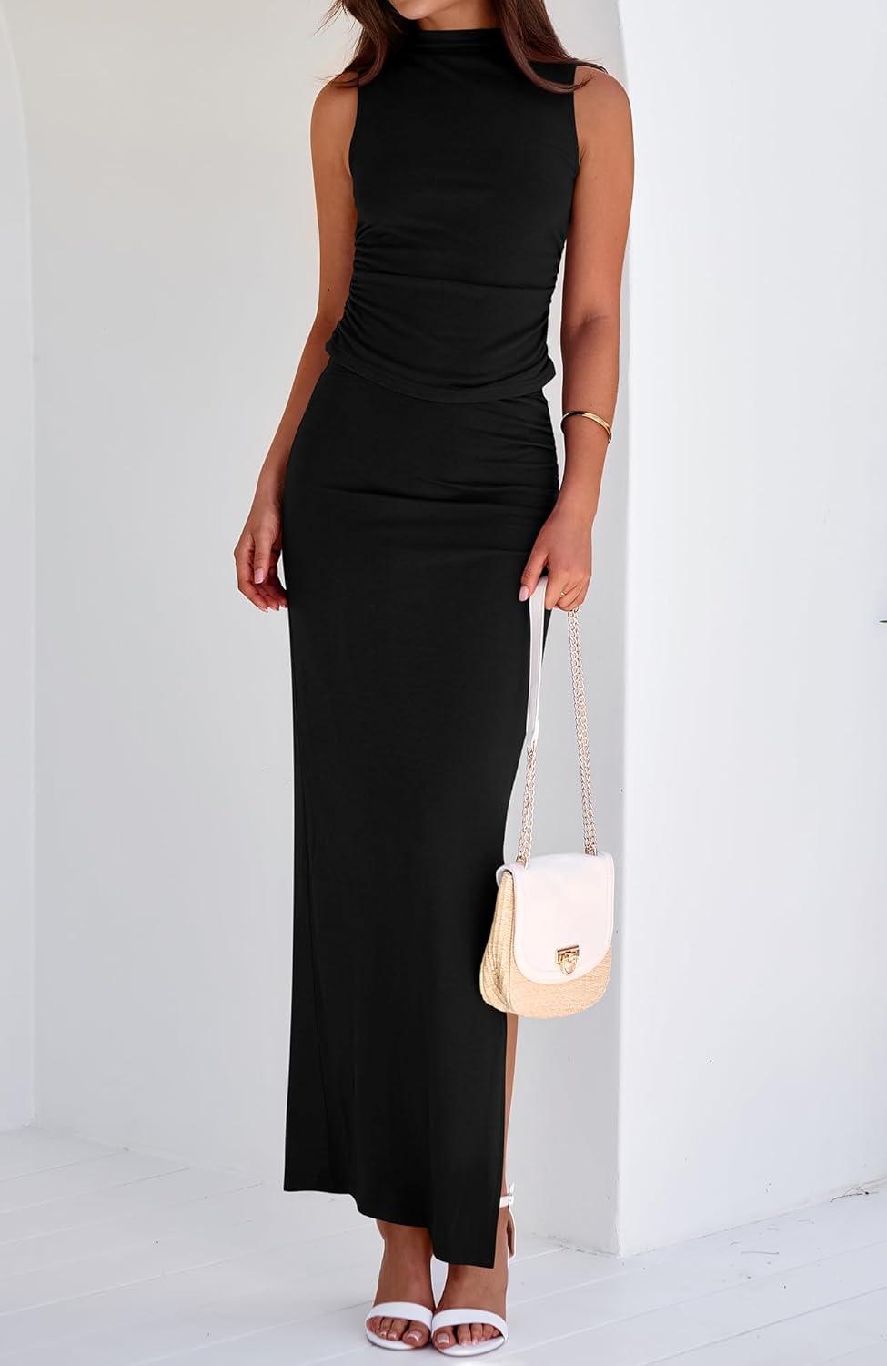 imageBTFBM Womens Two Piece Outfits Summer Lightweight 2026 Mock Neck Sleeveless Knit Tops Maxi Skirt Set Going Out DressBlack