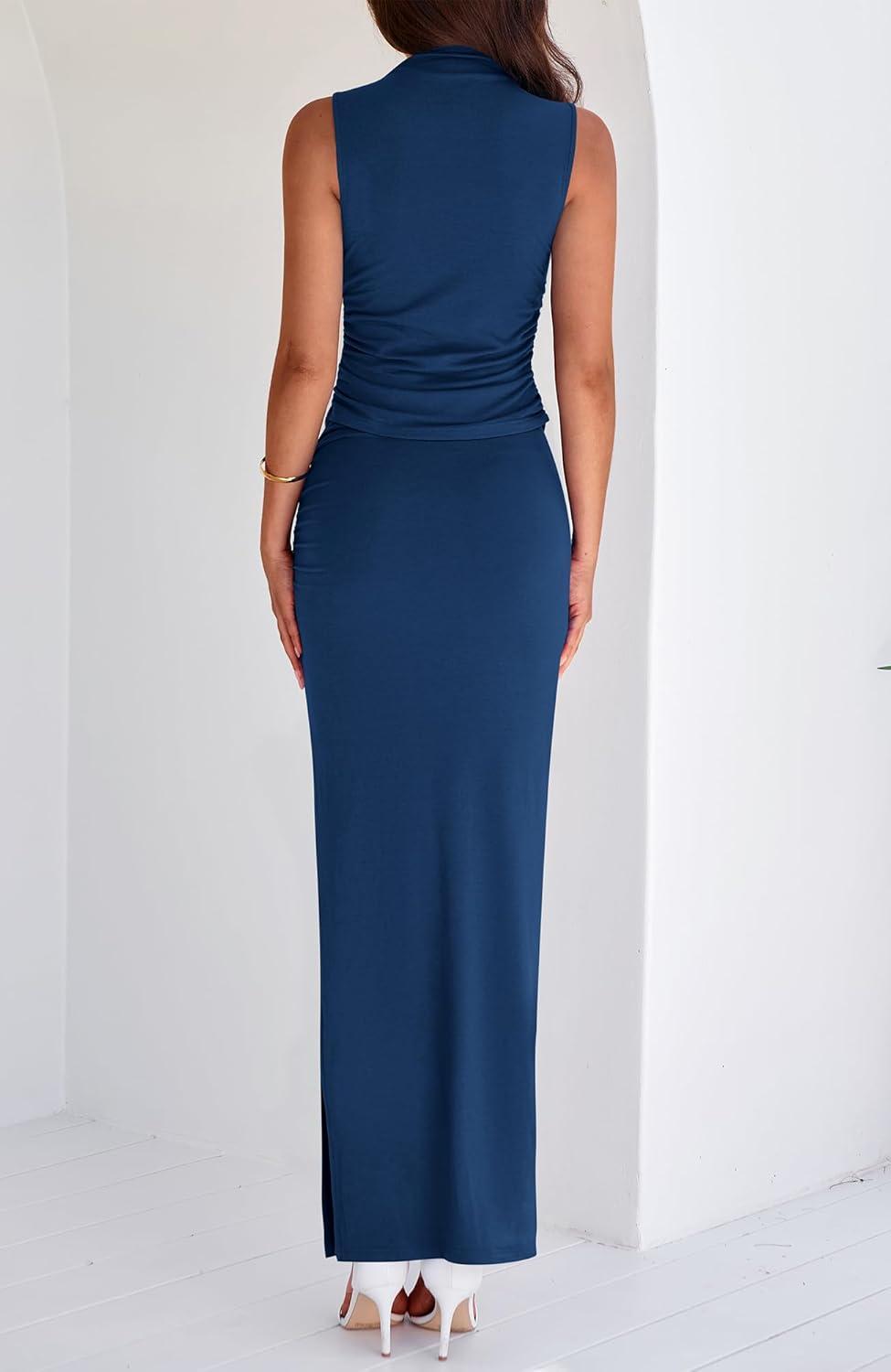 imageBTFBM Womens Two Piece Outfits Summer Lightweight 2026 Mock Neck Sleeveless Knit Tops Maxi Skirt Set Going Out DressDark Blue