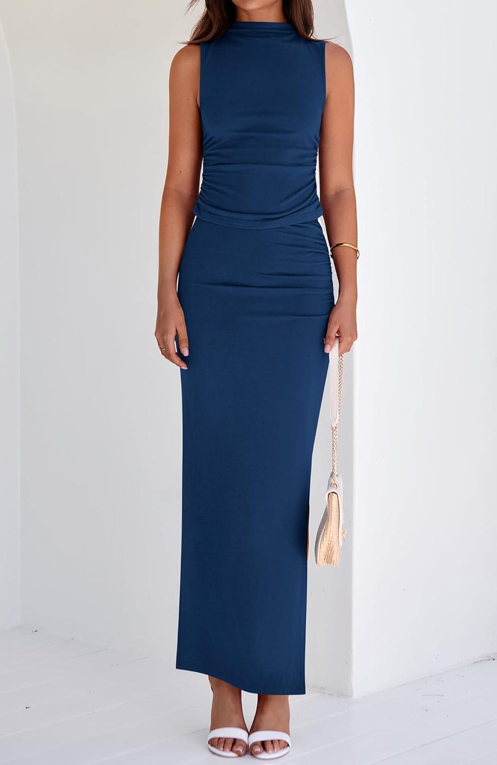 imageBTFBM Womens Two Piece Outfits Summer Lightweight 2026 Mock Neck Sleeveless Knit Tops Maxi Skirt Set Going Out DressDark Blue