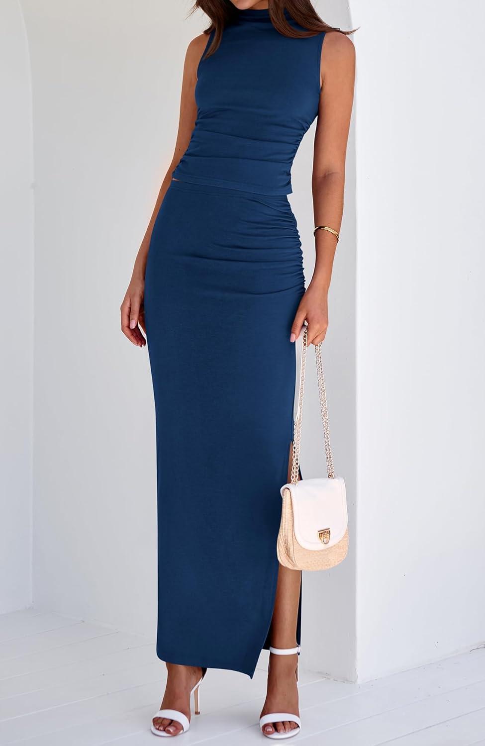 imageBTFBM Womens Two Piece Outfits Summer Lightweight 2026 Mock Neck Sleeveless Knit Tops Maxi Skirt Set Going Out DressDark Blue