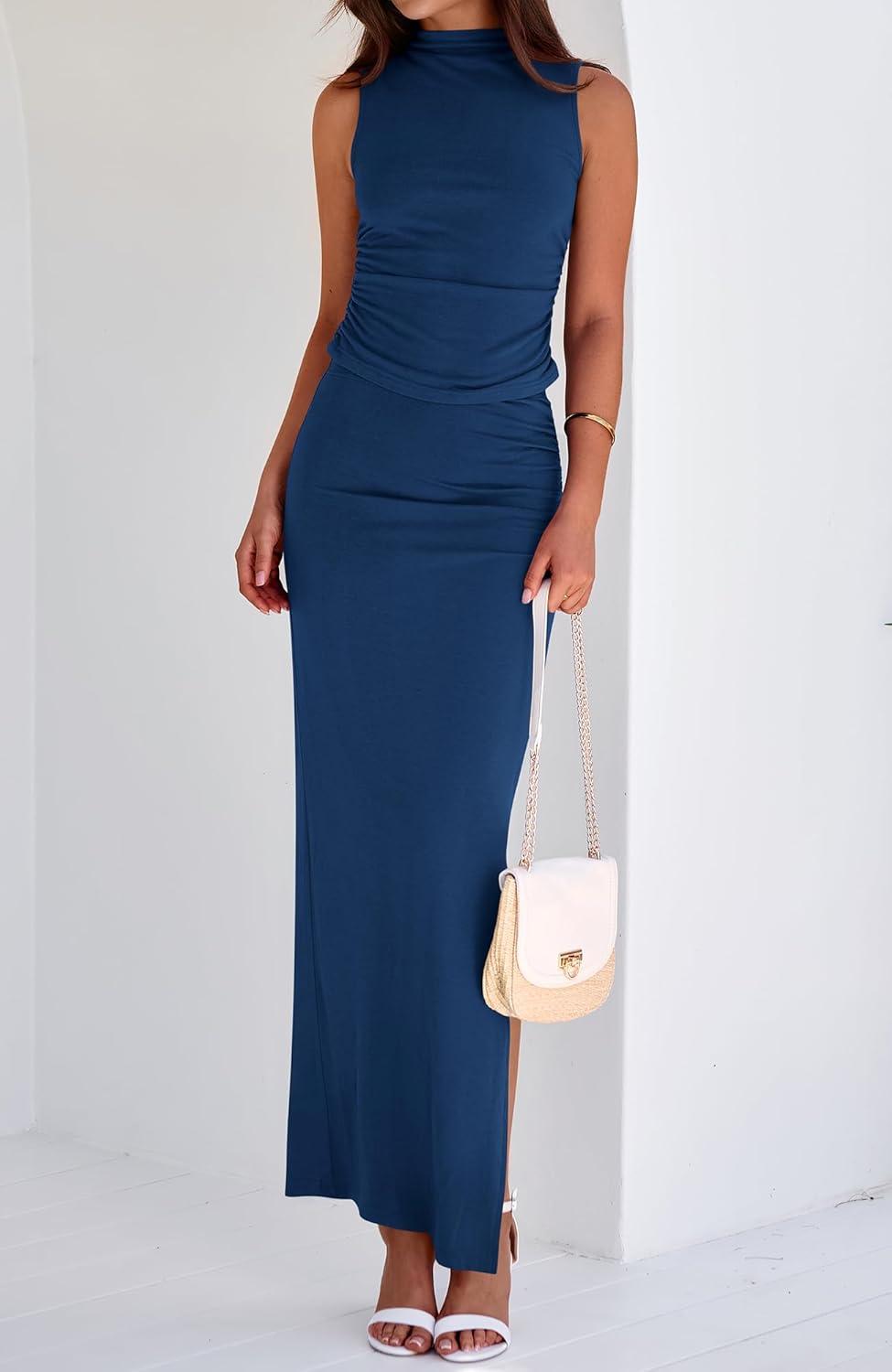 imageBTFBM Womens Two Piece Outfits Summer Lightweight 2026 Mock Neck Sleeveless Knit Tops Maxi Skirt Set Going Out DressDark Blue
