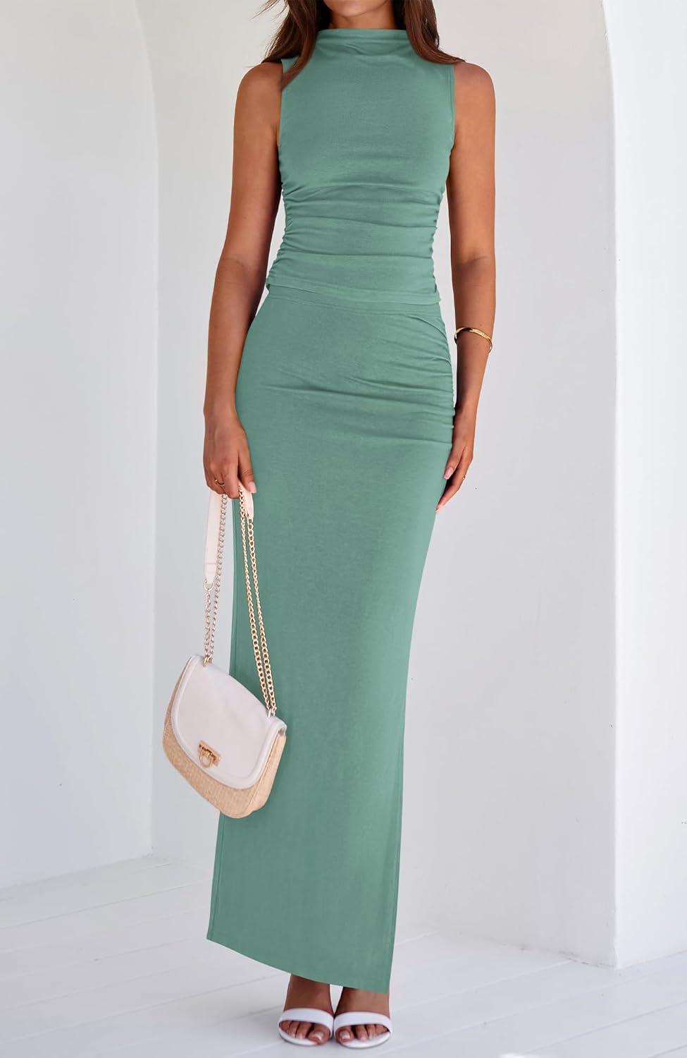 imageBTFBM Womens Two Piece Outfits Summer Lightweight 2026 Mock Neck Sleeveless Knit Tops Maxi Skirt Set Going Out DressFruit Green
