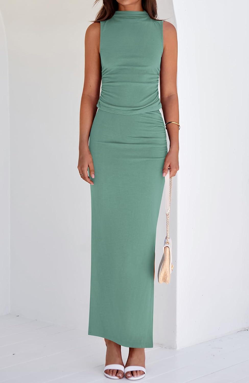 imageBTFBM Womens Two Piece Outfits Summer Lightweight 2026 Mock Neck Sleeveless Knit Tops Maxi Skirt Set Going Out DressFruit Green