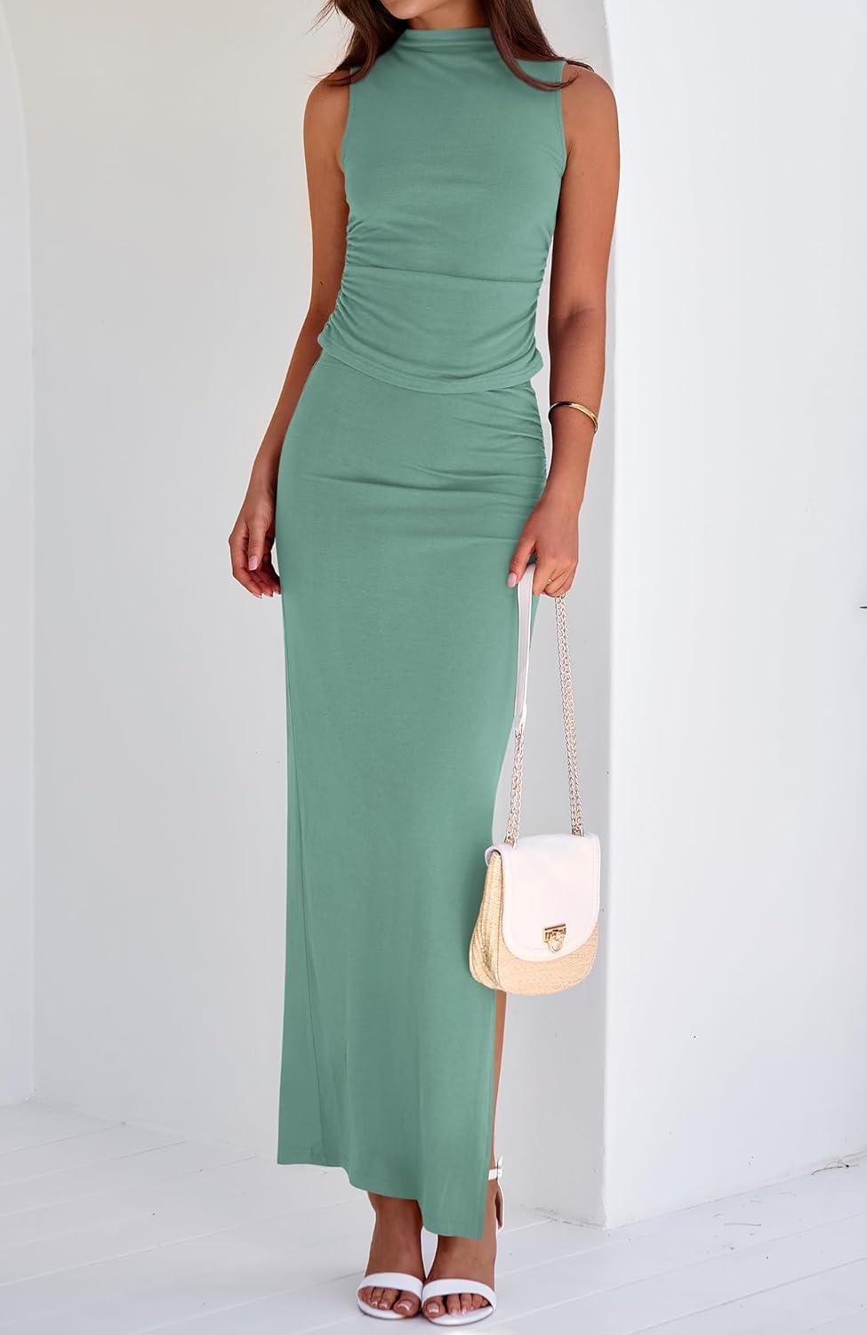imageBTFBM Womens Two Piece Outfits Summer Lightweight 2026 Mock Neck Sleeveless Knit Tops Maxi Skirt Set Going Out DressFruit Green