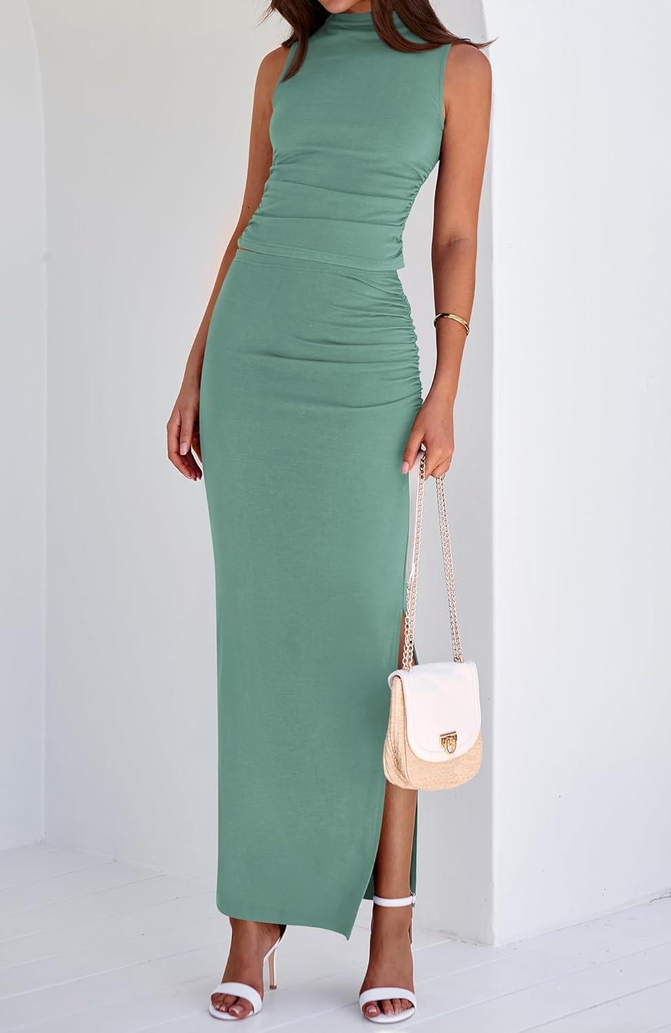 imageBTFBM Womens Two Piece Outfits Summer Lightweight 2026 Mock Neck Sleeveless Knit Tops Maxi Skirt Set Going Out DressFruit Green