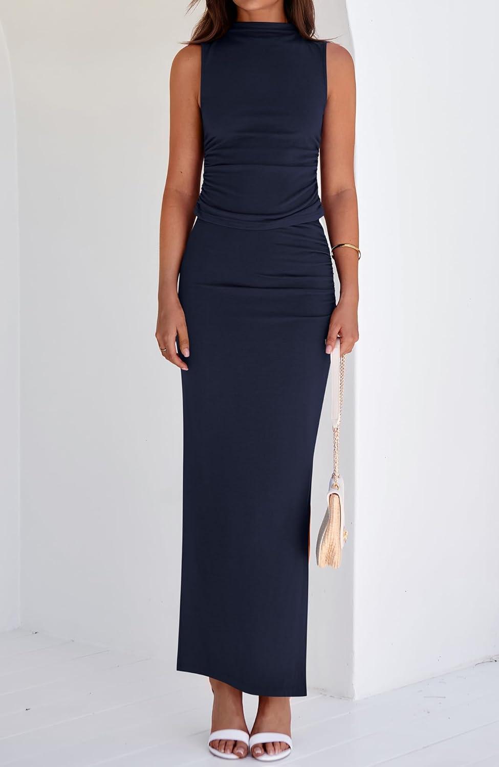 imageBTFBM Womens Two Piece Outfits Summer Lightweight 2026 Mock Neck Sleeveless Knit Tops Maxi Skirt Set Going Out DressNavy