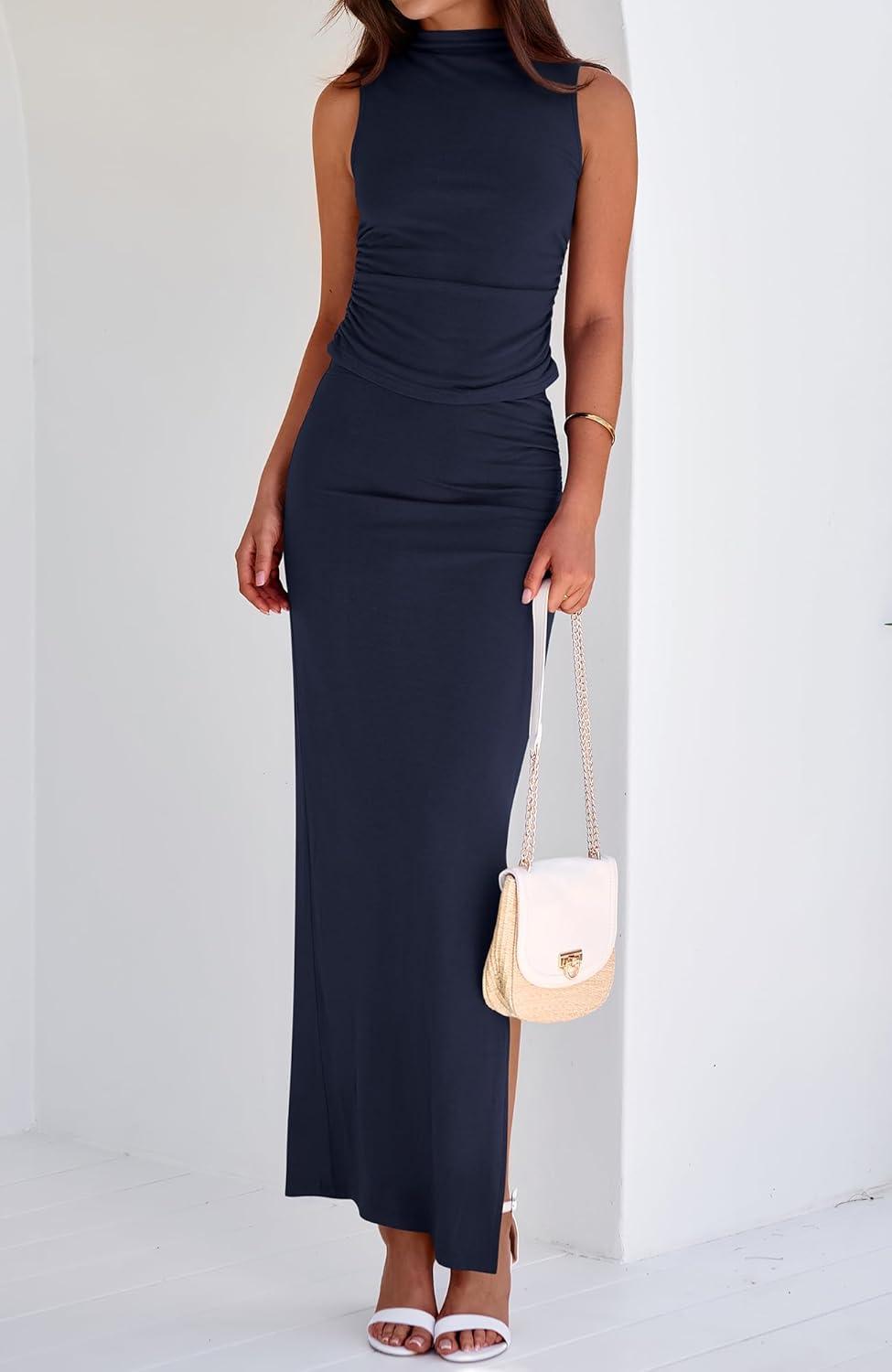 imageBTFBM Womens Two Piece Outfits Summer Lightweight 2026 Mock Neck Sleeveless Knit Tops Maxi Skirt Set Going Out DressNavy