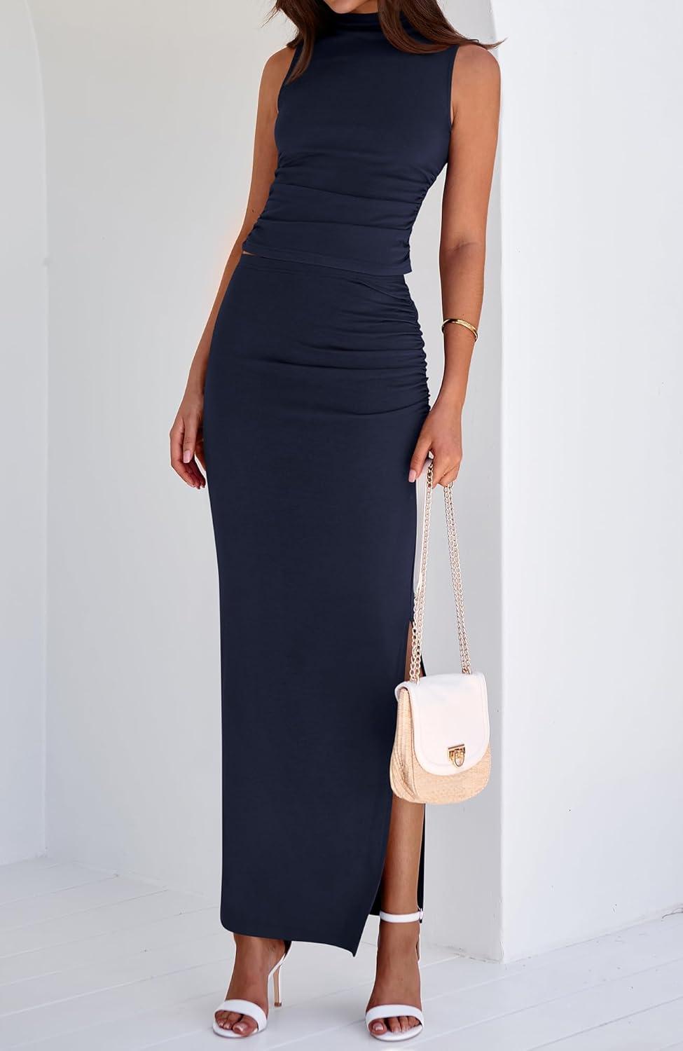 imageBTFBM Womens Two Piece Outfits Summer Lightweight 2026 Mock Neck Sleeveless Knit Tops Maxi Skirt Set Going Out DressNavy