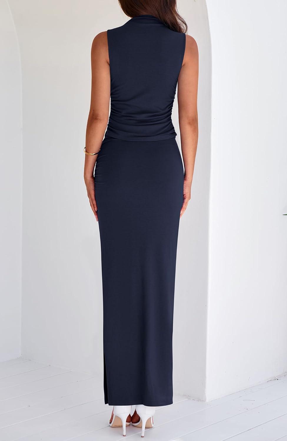 imageBTFBM Womens Two Piece Outfits Summer Lightweight 2026 Mock Neck Sleeveless Knit Tops Maxi Skirt Set Going Out DressNavy
