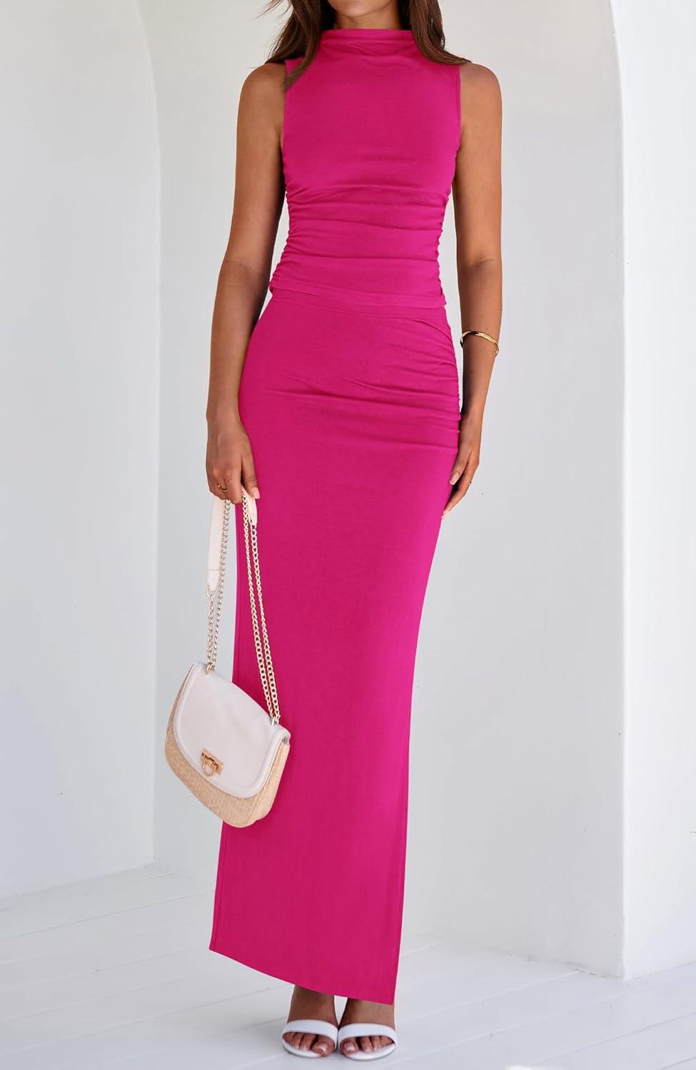 imageBTFBM Womens Two Piece Outfits Summer Lightweight 2026 Mock Neck Sleeveless Knit Tops Maxi Skirt Set Going Out DressRose Red