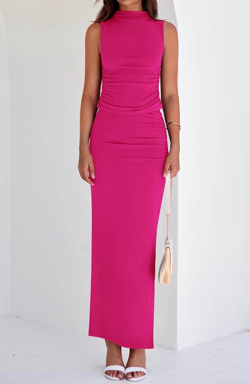 imageBTFBM Womens Two Piece Outfits Summer Lightweight 2026 Mock Neck Sleeveless Knit Tops Maxi Skirt Set Going Out DressRose Red
