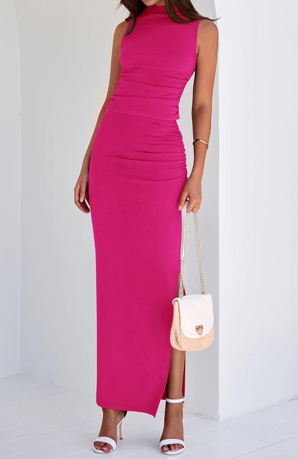 imageBTFBM Womens Two Piece Outfits Summer Lightweight 2026 Mock Neck Sleeveless Knit Tops Maxi Skirt Set Going Out DressRose Red