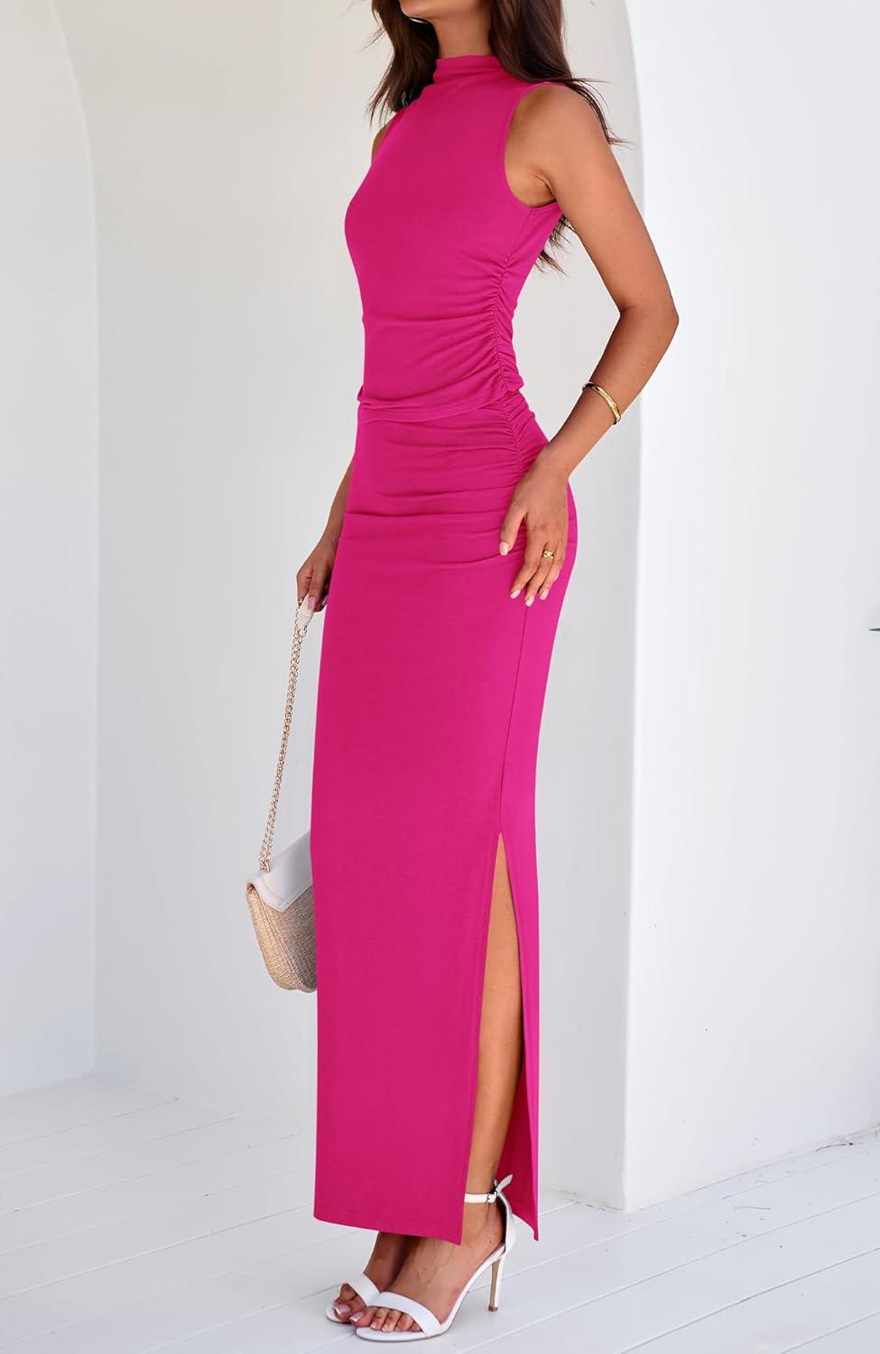 imageBTFBM Womens Two Piece Outfits Summer Lightweight 2026 Mock Neck Sleeveless Knit Tops Maxi Skirt Set Going Out DressRose Red