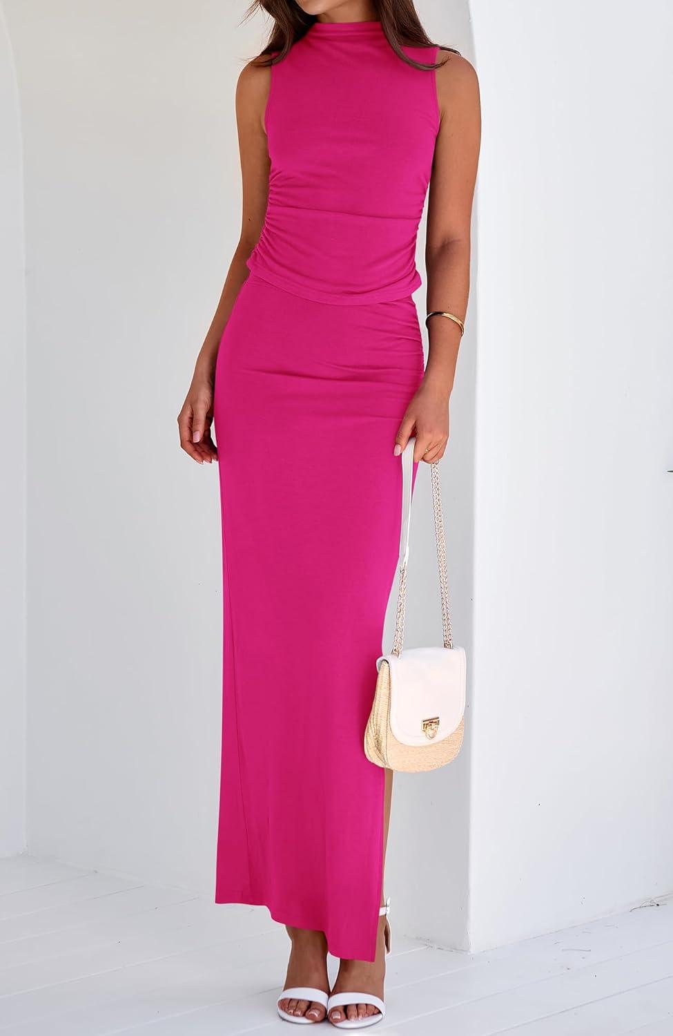 imageBTFBM Womens Two Piece Outfits Summer Lightweight 2026 Mock Neck Sleeveless Knit Tops Maxi Skirt Set Going Out DressRose Red