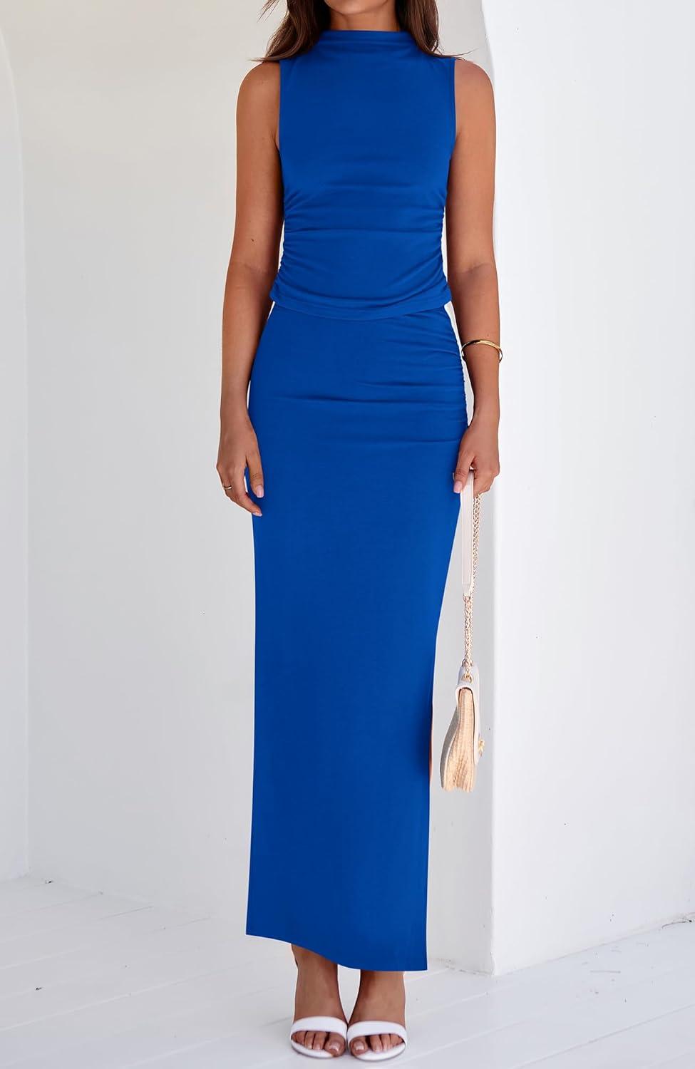 imageBTFBM Womens Two Piece Outfits Summer Lightweight 2026 Mock Neck Sleeveless Knit Tops Maxi Skirt Set Going Out DressRoyal Blue