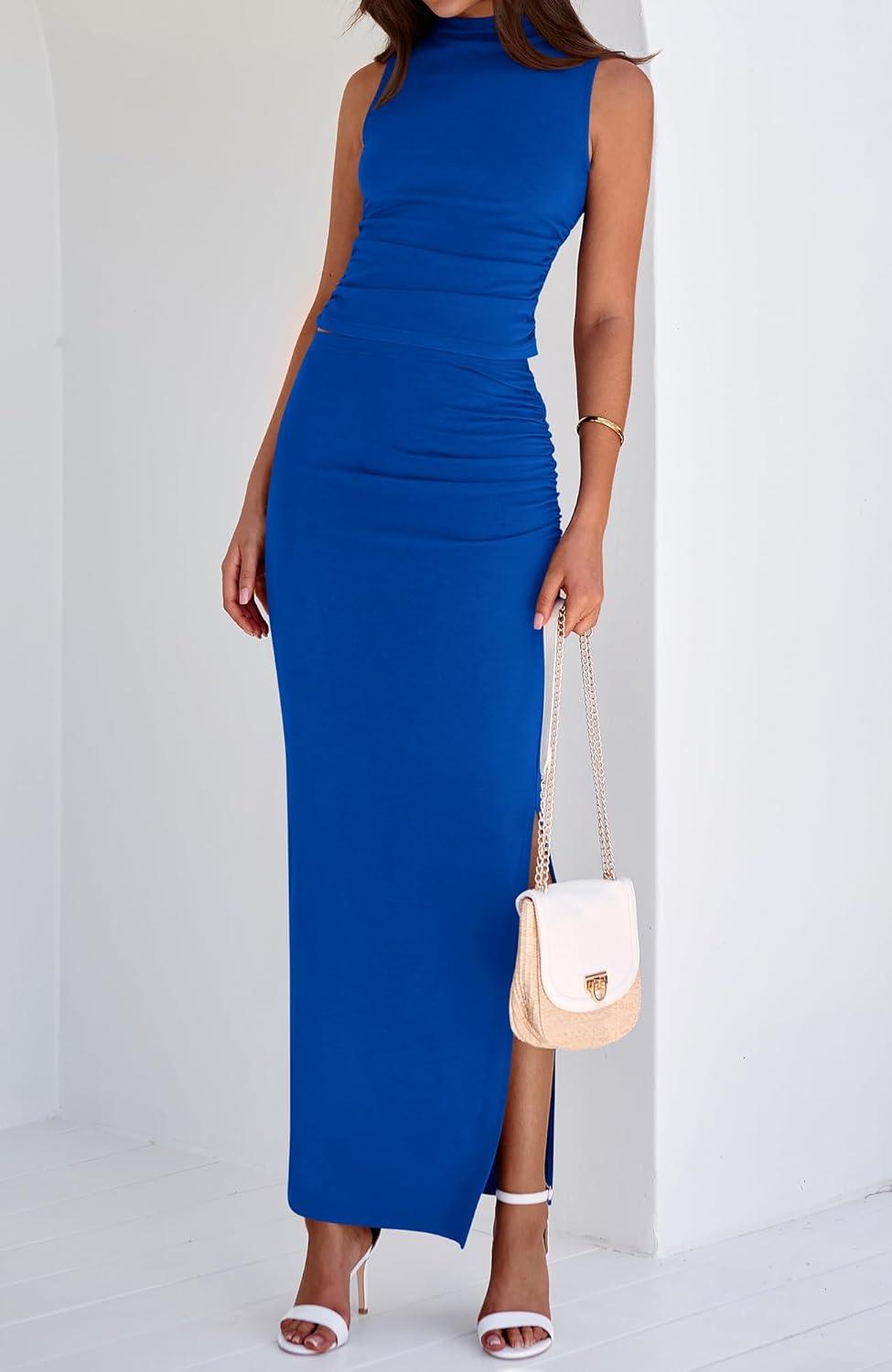 imageBTFBM Womens Two Piece Outfits Summer Lightweight 2026 Mock Neck Sleeveless Knit Tops Maxi Skirt Set Going Out DressRoyal Blue