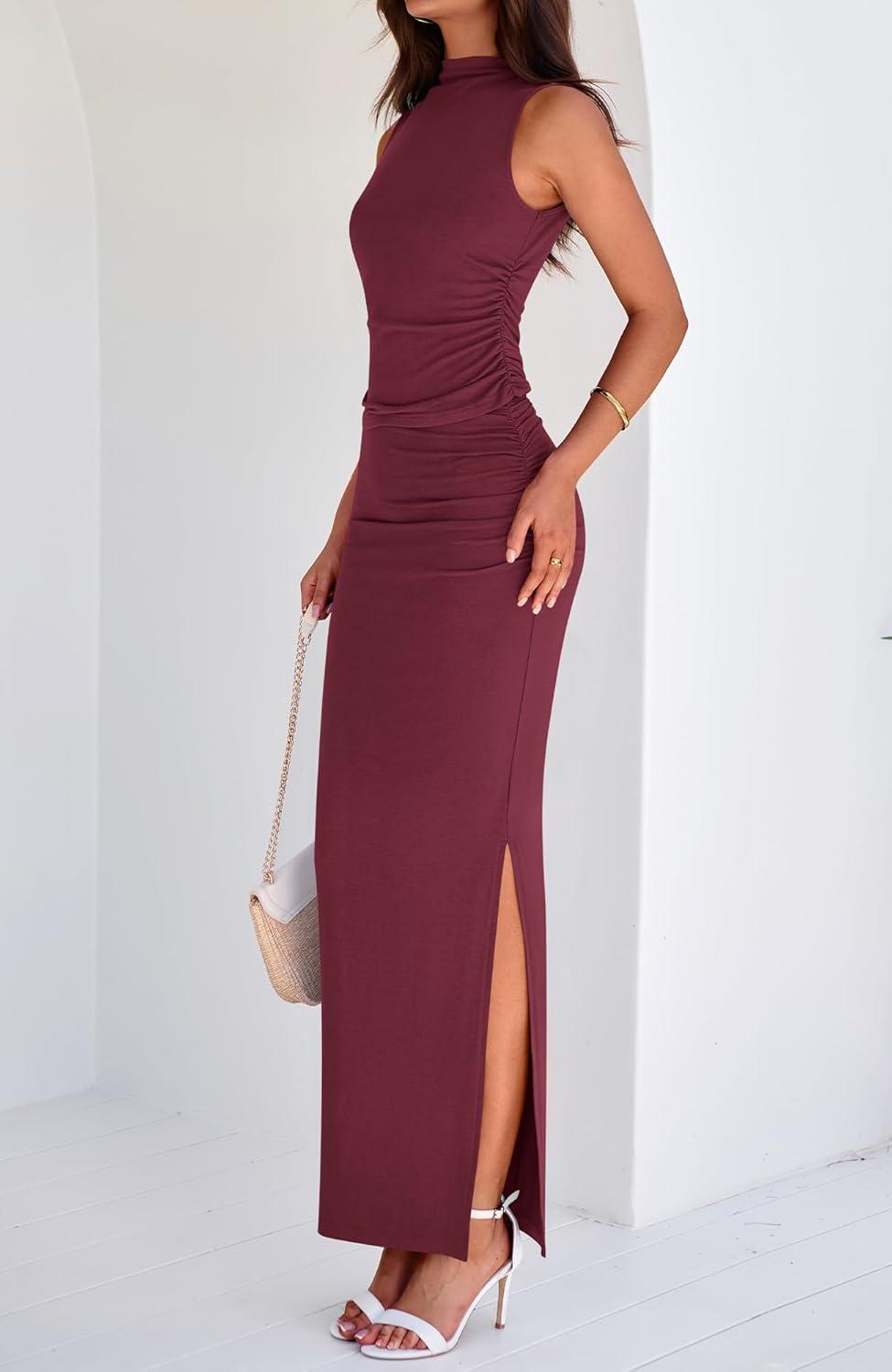 imageBTFBM Womens Two Piece Outfits Summer Lightweight 2026 Mock Neck Sleeveless Knit Tops Maxi Skirt Set Going Out DressWine Red
