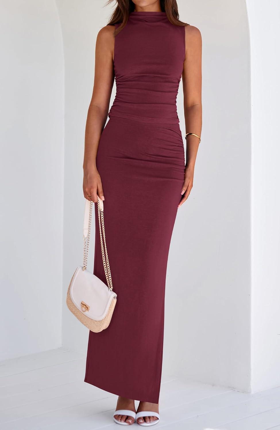 imageBTFBM Womens Two Piece Outfits Summer Lightweight 2026 Mock Neck Sleeveless Knit Tops Maxi Skirt Set Going Out DressWine Red