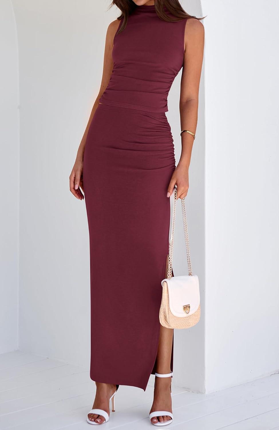 imageBTFBM Womens Two Piece Outfits Summer Lightweight 2026 Mock Neck Sleeveless Knit Tops Maxi Skirt Set Going Out DressWine Red