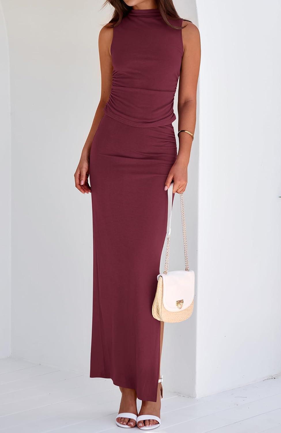 imageBTFBM Womens Two Piece Outfits Summer Lightweight 2026 Mock Neck Sleeveless Knit Tops Maxi Skirt Set Going Out DressWine Red