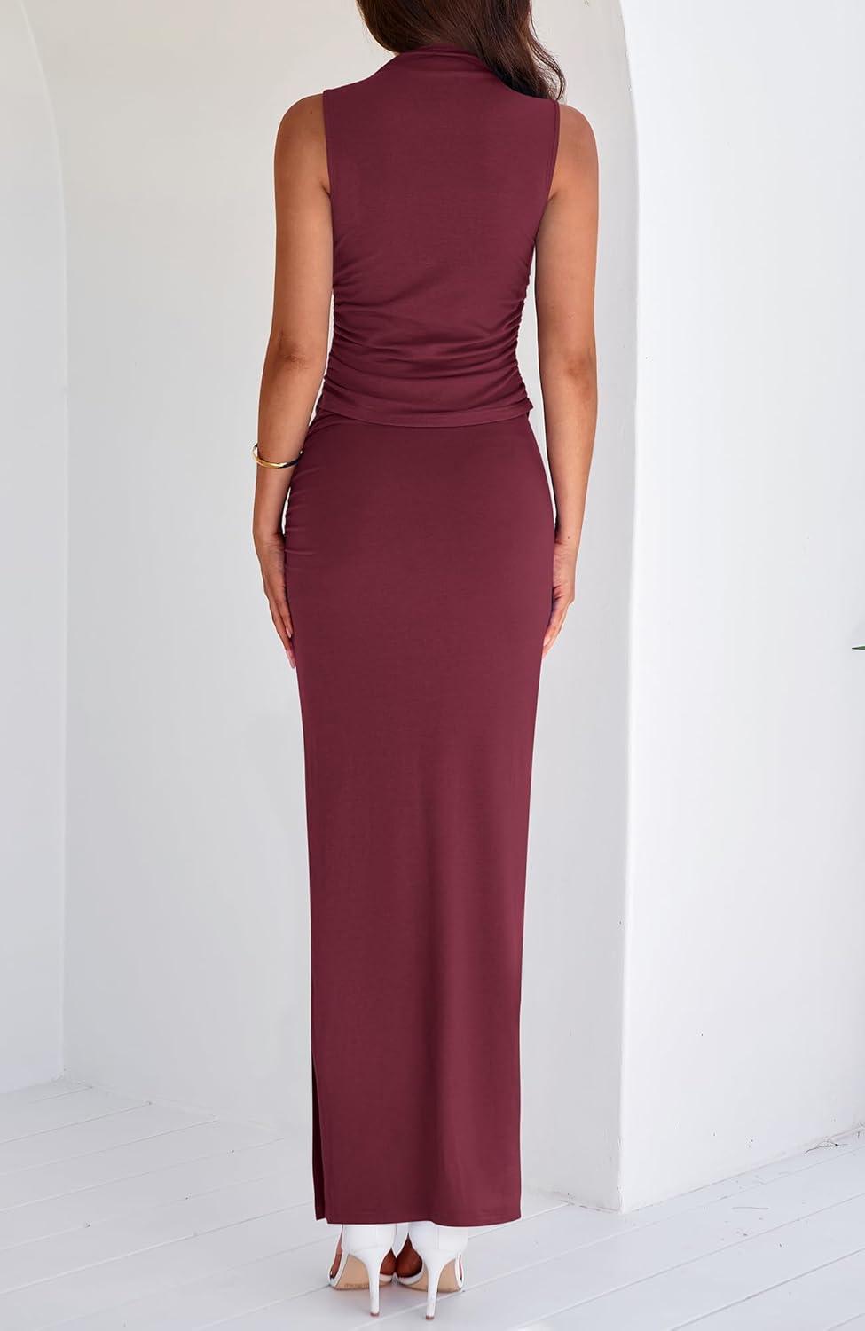 imageBTFBM Womens Two Piece Outfits Summer Lightweight 2026 Mock Neck Sleeveless Knit Tops Maxi Skirt Set Going Out DressWine Red