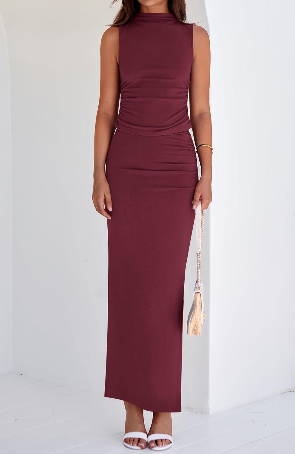 imageBTFBM Womens Two Piece Outfits Summer Lightweight 2026 Mock Neck Sleeveless Knit Tops Maxi Skirt Set Going Out DressWine Red