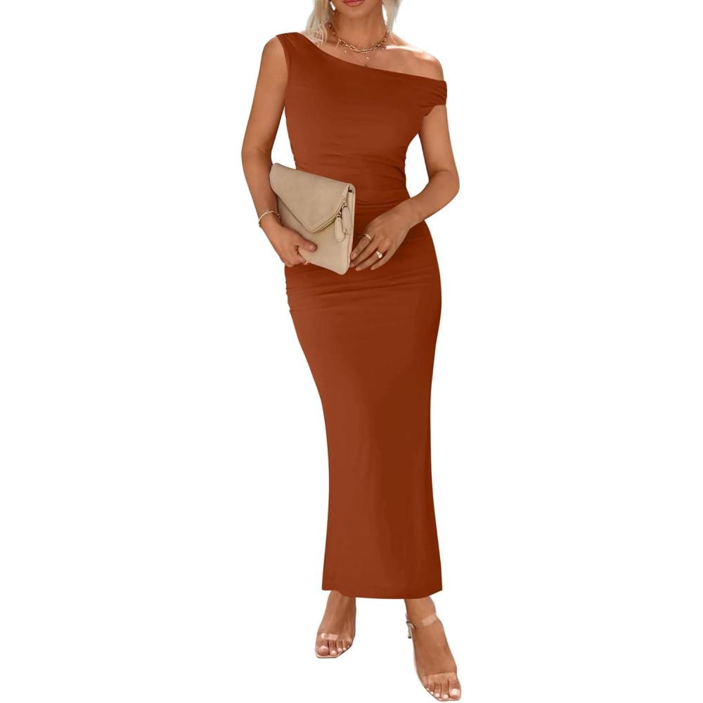 imageBTFBM 2026 Summer Wedding Guest Dresses for Women One Shoulder Bodycon Ruched Mesh Formal Cocktail Spring Fall Maxi DressCaramel