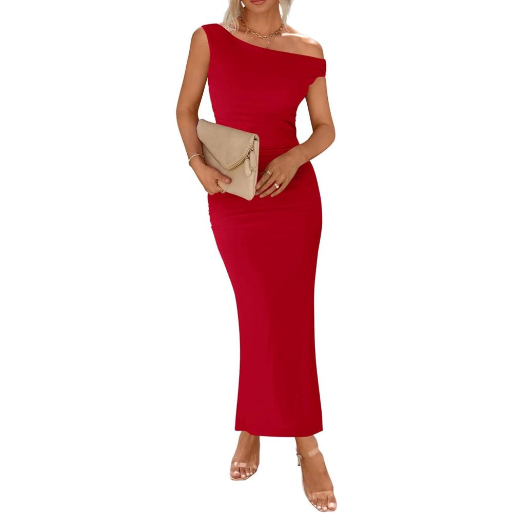 imageBTFBM 2026 Summer Wedding Guest Dresses for Women One Shoulder Bodycon Ruched Mesh Formal Cocktail Spring Fall Maxi DressRed