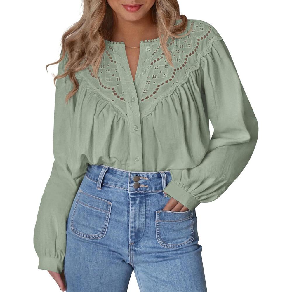 imageBTFBM Blouses for Women Dressy Casual Fall Clothes 2025 Lace Long Sleeve Tops Lightweight Spring Button Down ShirtsLight Green