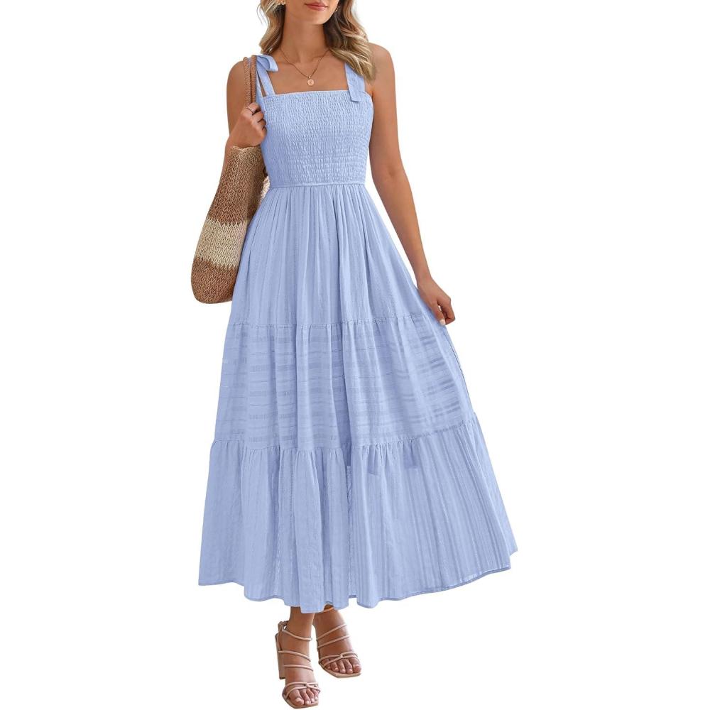 imageBTFBM Boho Maxi Dress Sleeveless Summer Dresses for Women 2026 Beach Vacation Smocked A Line Casual Sundress PocketsLight Blue
