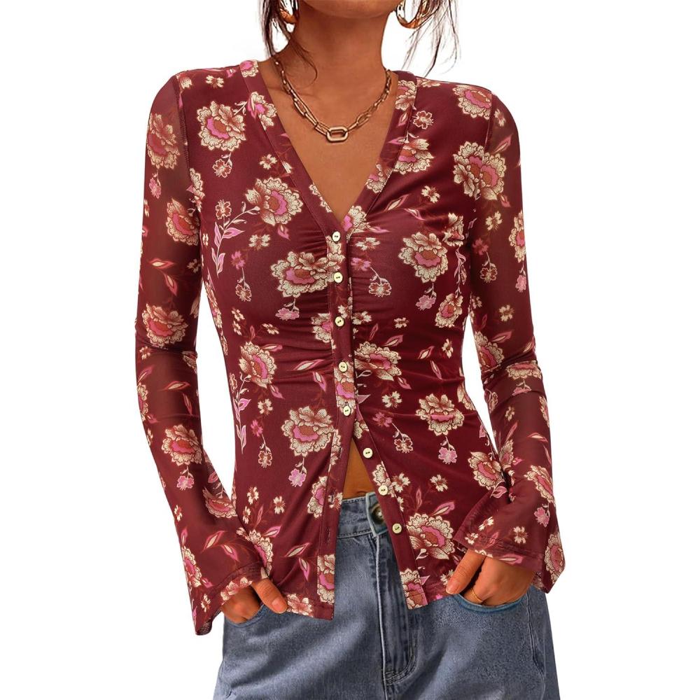imageBTFBM Button Down Shirts for Women 2026 Spring Boho Tops V Neck Long Sleeve Blouses Ruched Mesh Fitted Fall FashionBrown